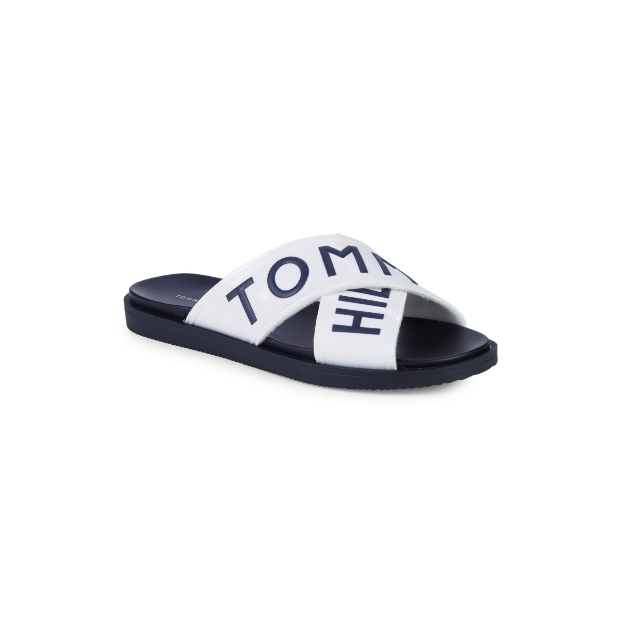 Tommy Hilfiger Logo Crossover Slide Sandals in White for Men | Lyst