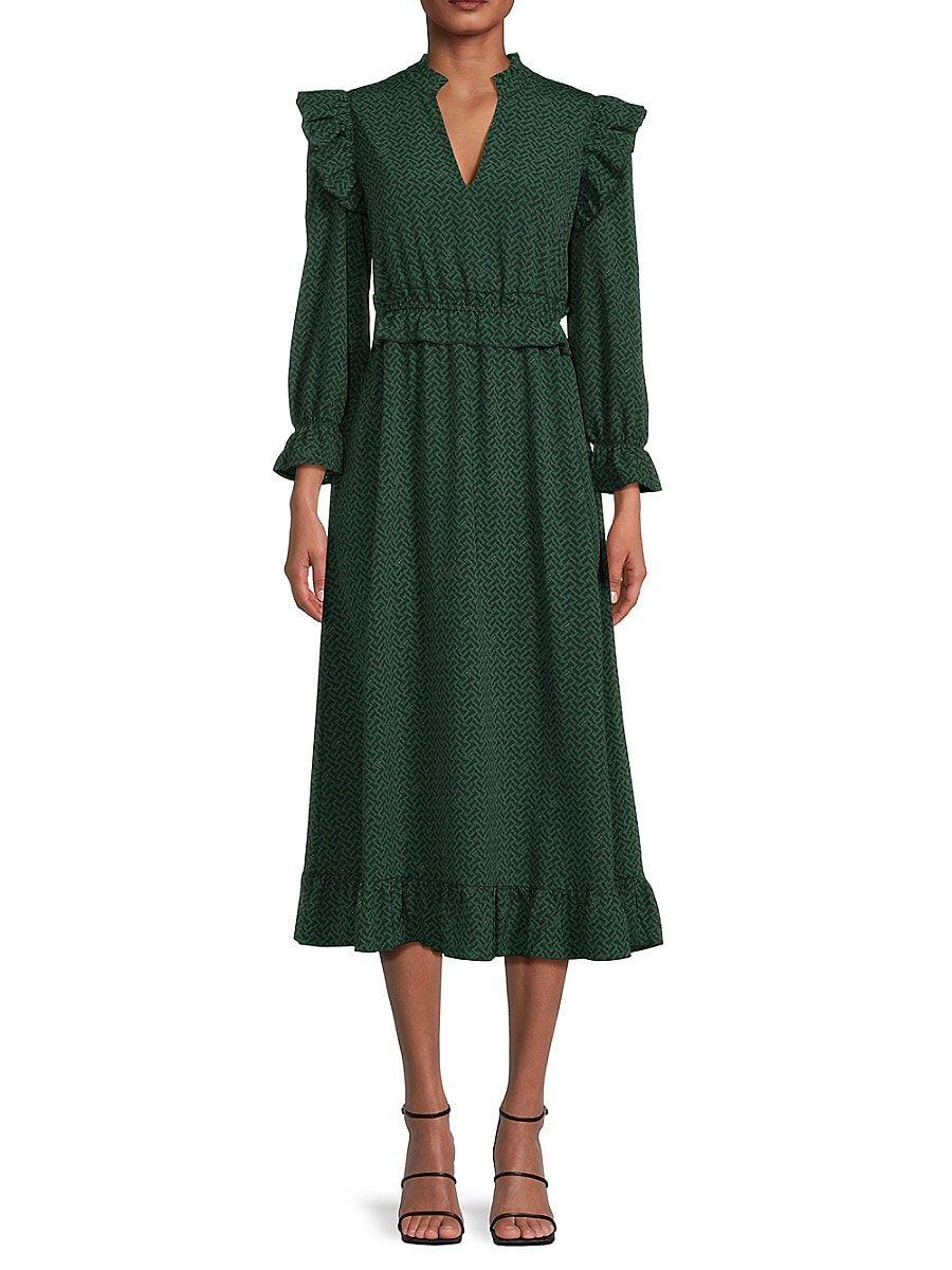 Vero Moda Vienna Geometric Ruffle Midi Dress in Green | Lyst