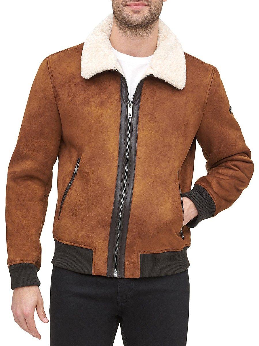DKNY Faux Shearling Bomber Jacket in Brown for Men | Lyst