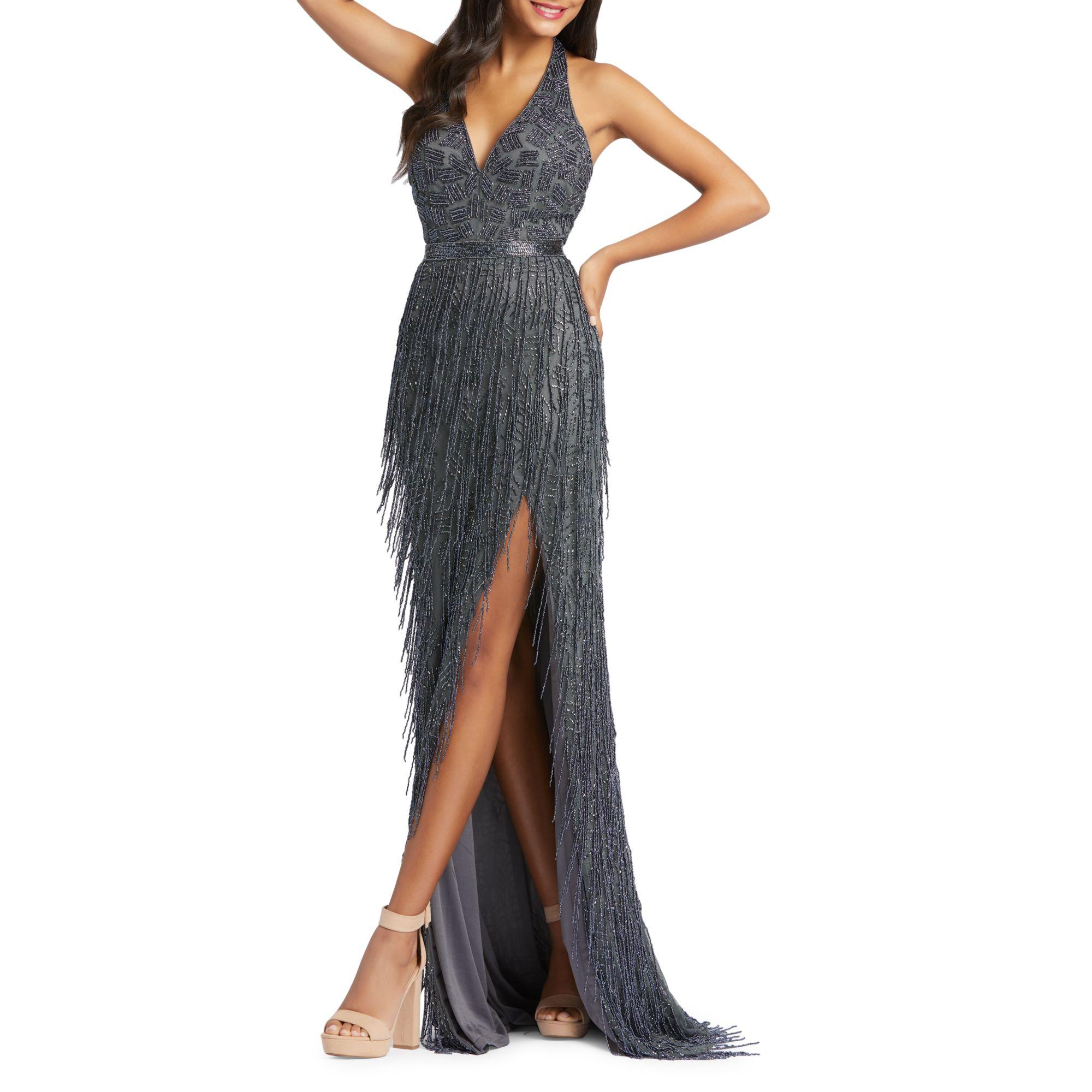 mac duggal embellished mesh gown