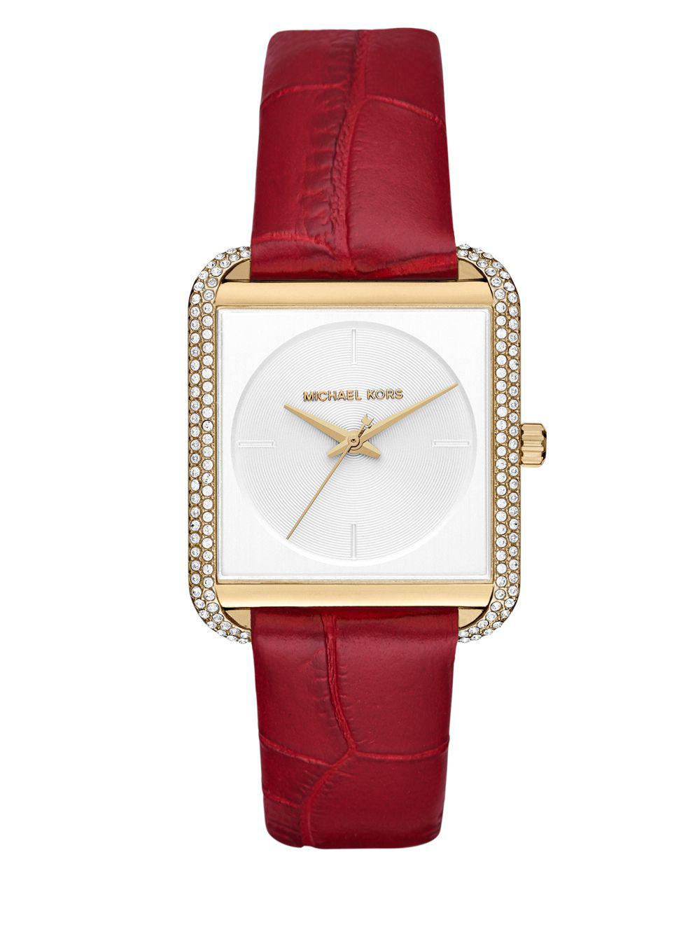 Michael Kors Lake Crystal Pave Square Leather Strap Watch Red - Lyst
