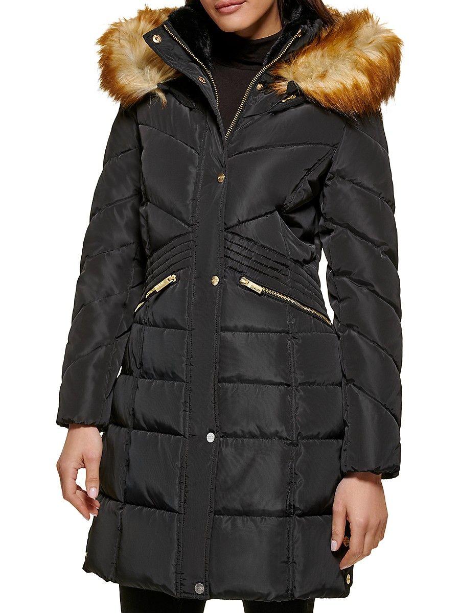 Guess Faux Fur Trim Hood Puffer Jacket in Black | Lyst