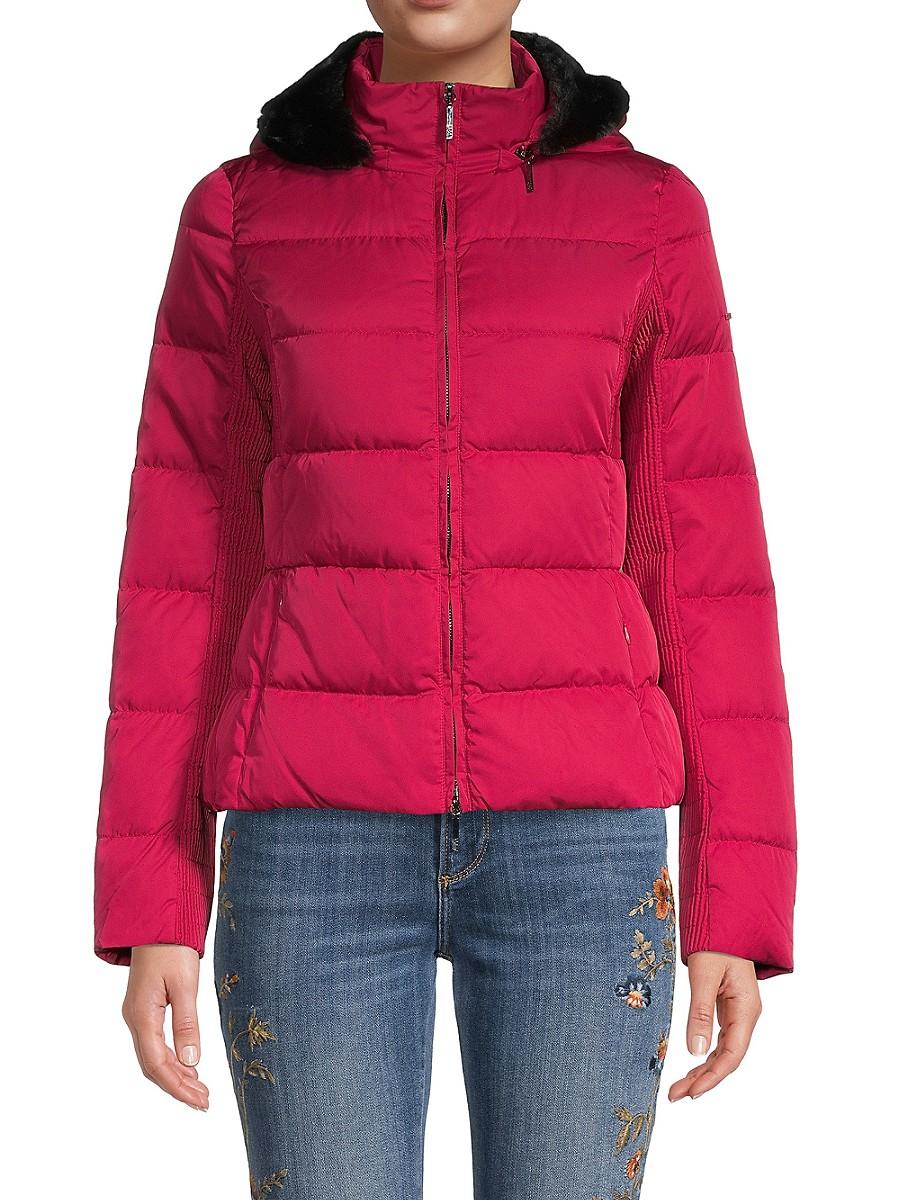 Mos pijpleiding Diakritisch Armani Jeans Faux Fur-trim Down Puffer Jacket in Red | Lyst