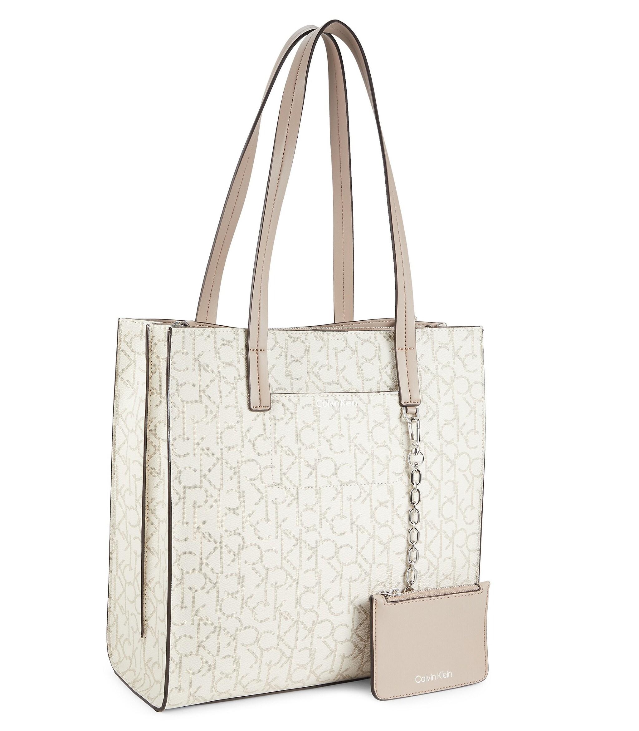 Genuine Calvin Klein Tote Bag Purse Monogram White Floral Flowers Vegan  Leather
