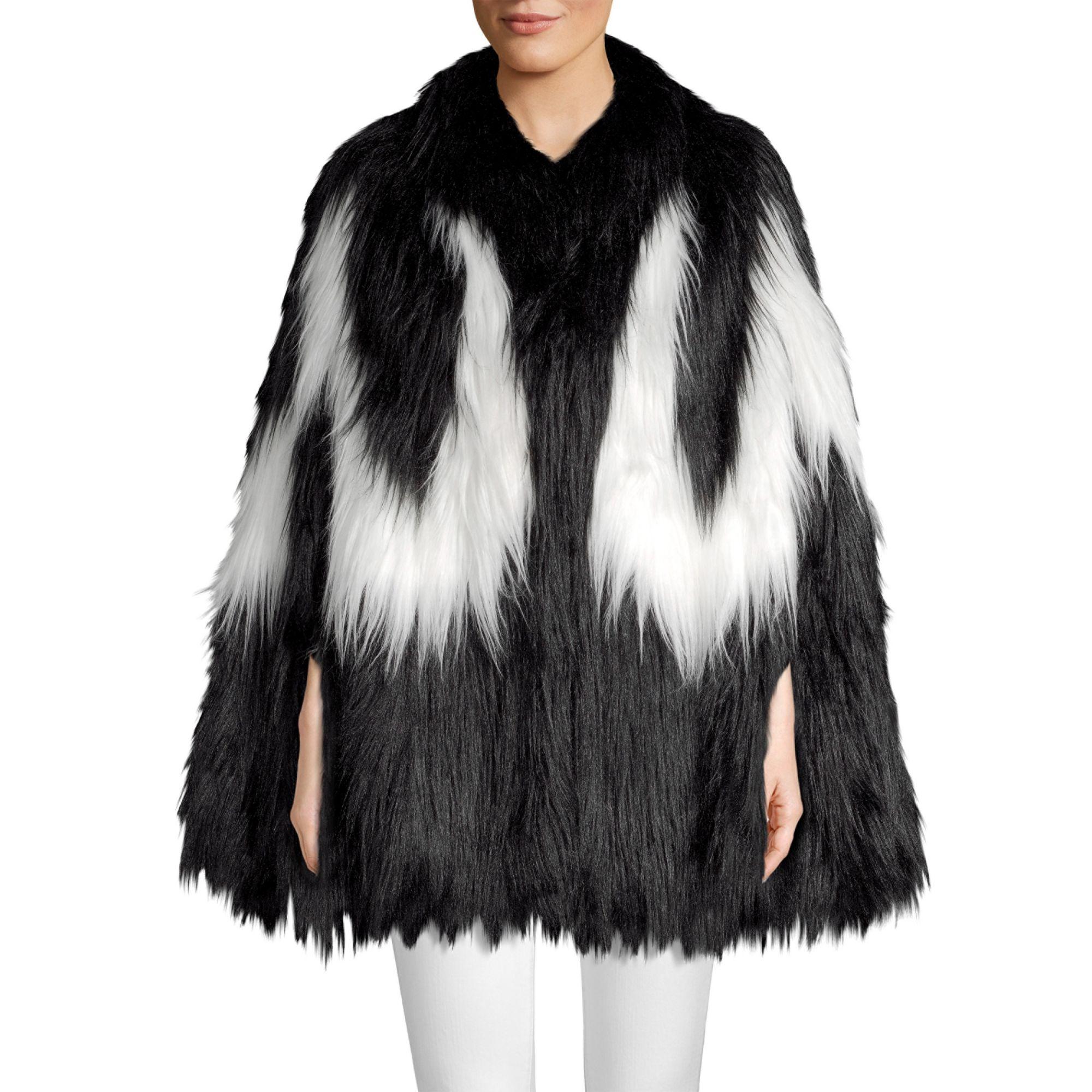 House of Fluff Convertible Cape Faux Fur Jacket in Black White (Black