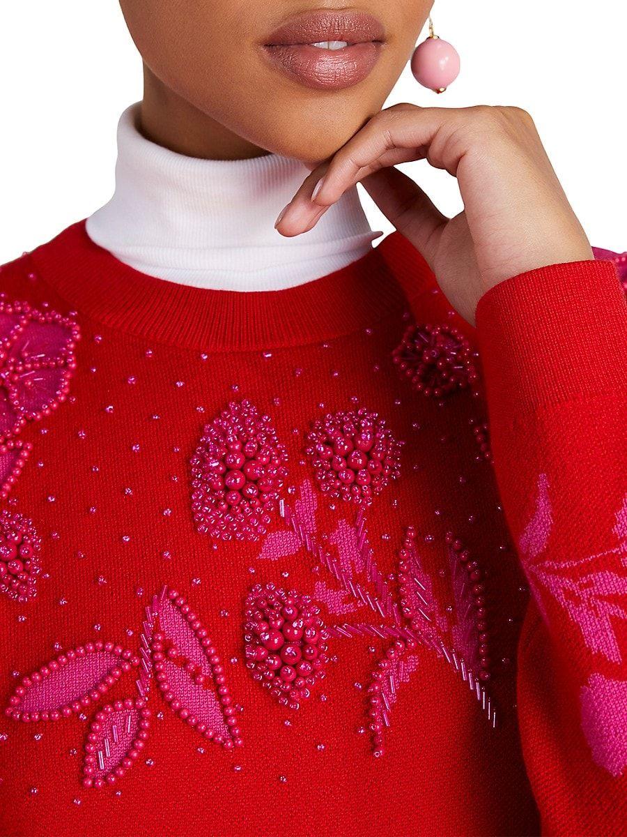 Kate Spade Embellished Floral Sweater in Red | Lyst
