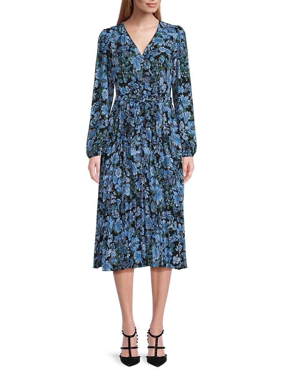 Elie Tahari T Tahari Floral Belted Pleated Faux Wrap Midi Dress in Blue