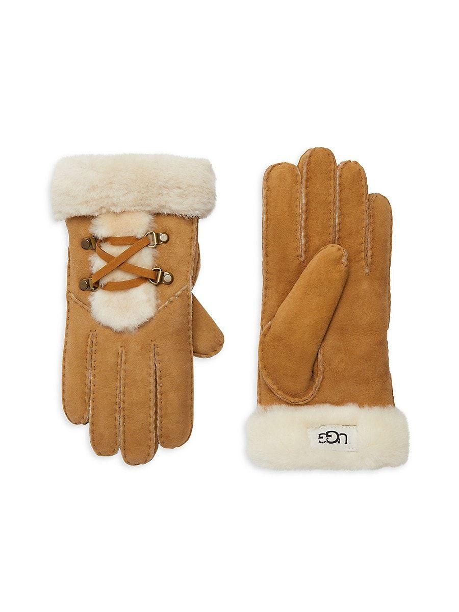 UGG Shearling Lace Up Gloves in Natural | Lyst