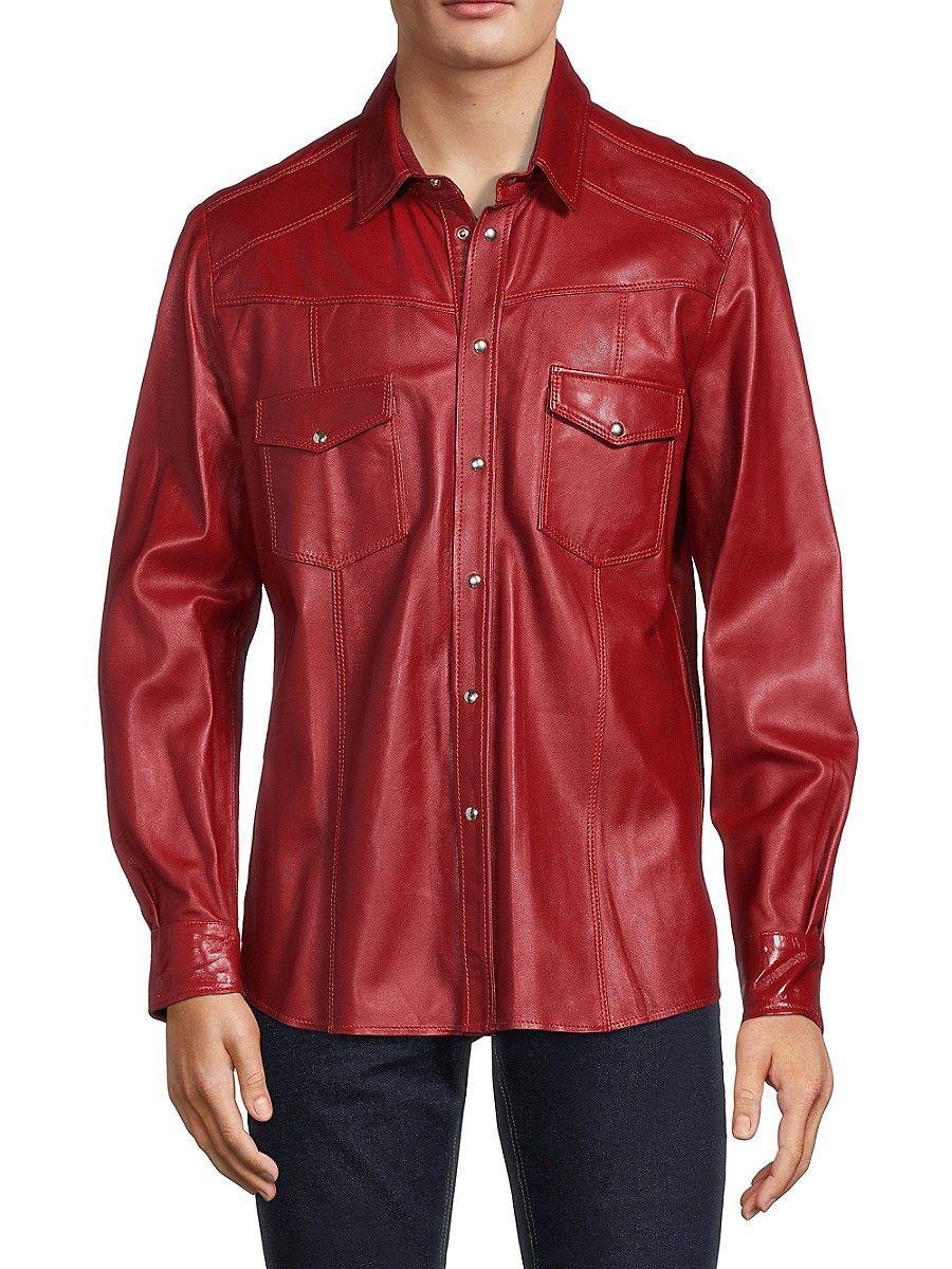 Ron Tomson Snap Button Leather Shacket in Red for Men Lyst