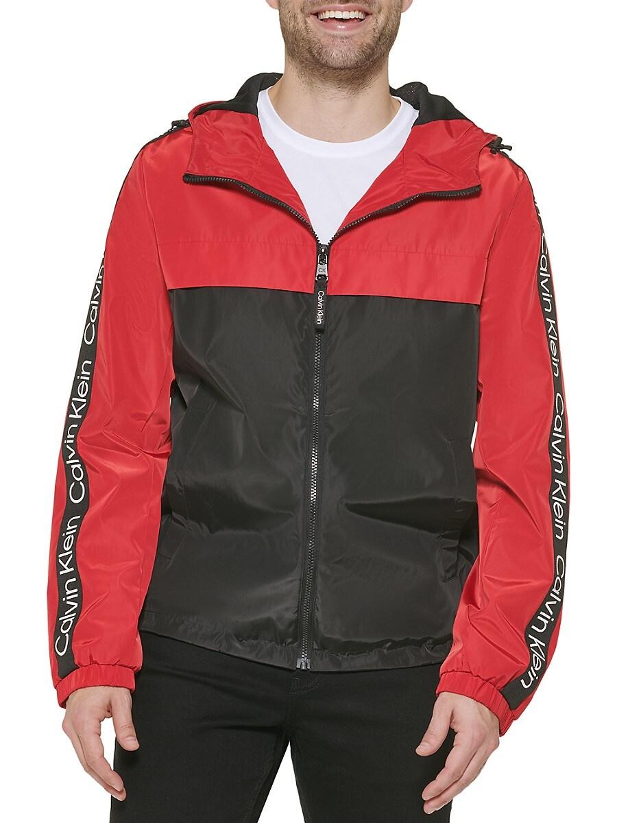 Calvin Klein Logo Taped Sleeves Hooded Windbreaker Jacket in Red