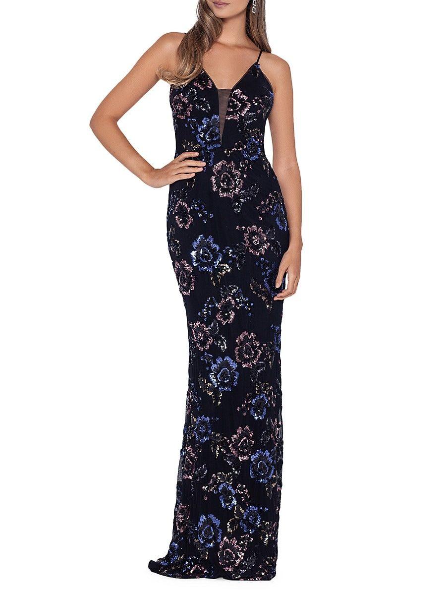 Betsy & Adam Floral Sequin Sheath Gown in Blue | Lyst