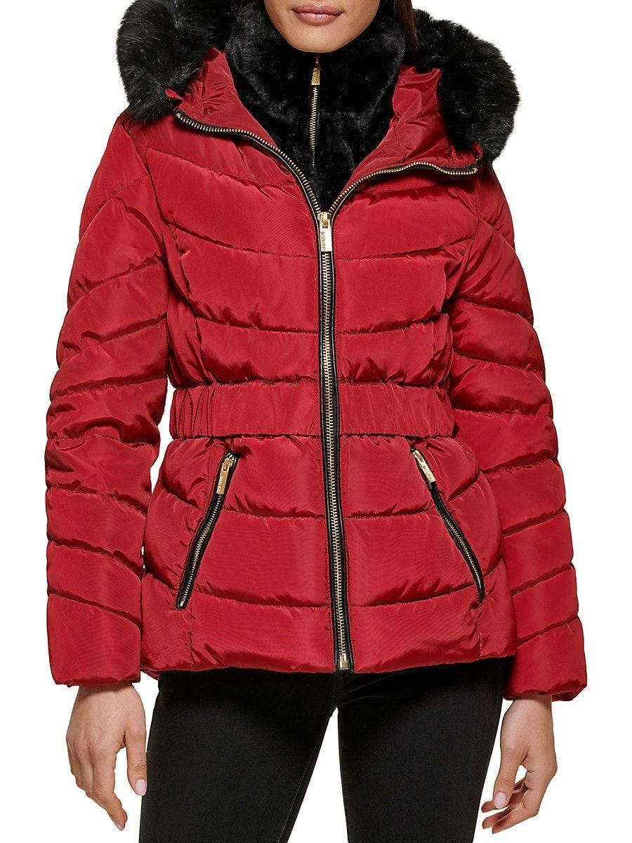 Guess Faux Fur Trim Puffer Jacket in Red | Lyst