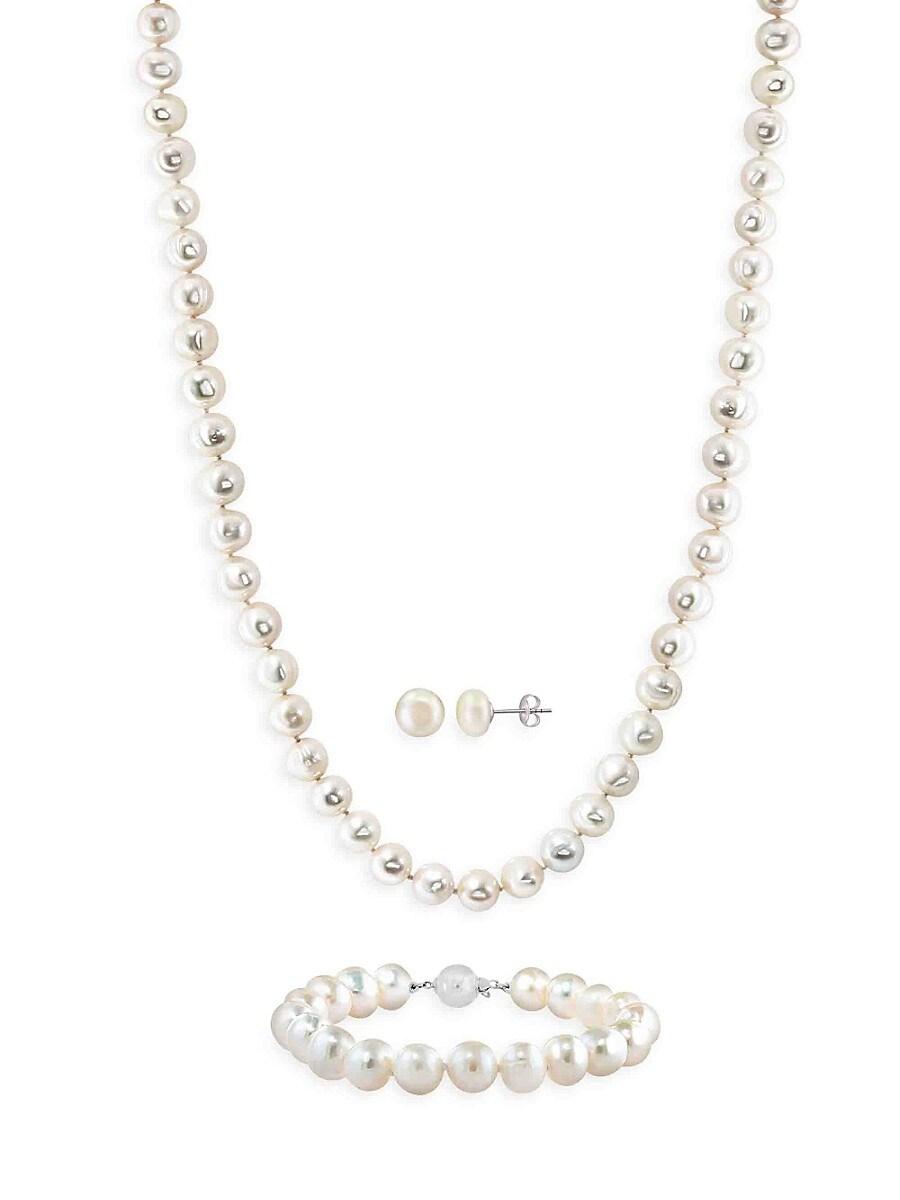A pearl necklace, earrings, and bracelet