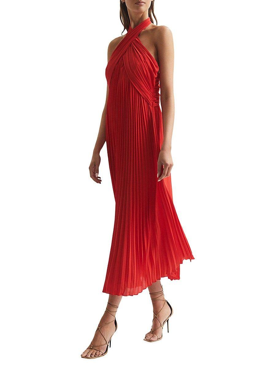 Reiss Roya Pleated Midi Dress in Red | Lyst