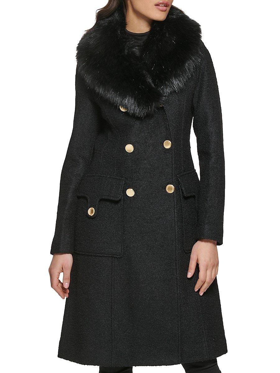 Guess Faux-fur Collar Double-breasted Walker Coat in Black | Lyst