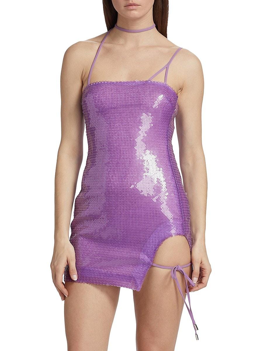 david koma purple mini dress David Koma DRAPED SLEEVE MINI SEQUIN DRESS IN LILAC LILAC / 12