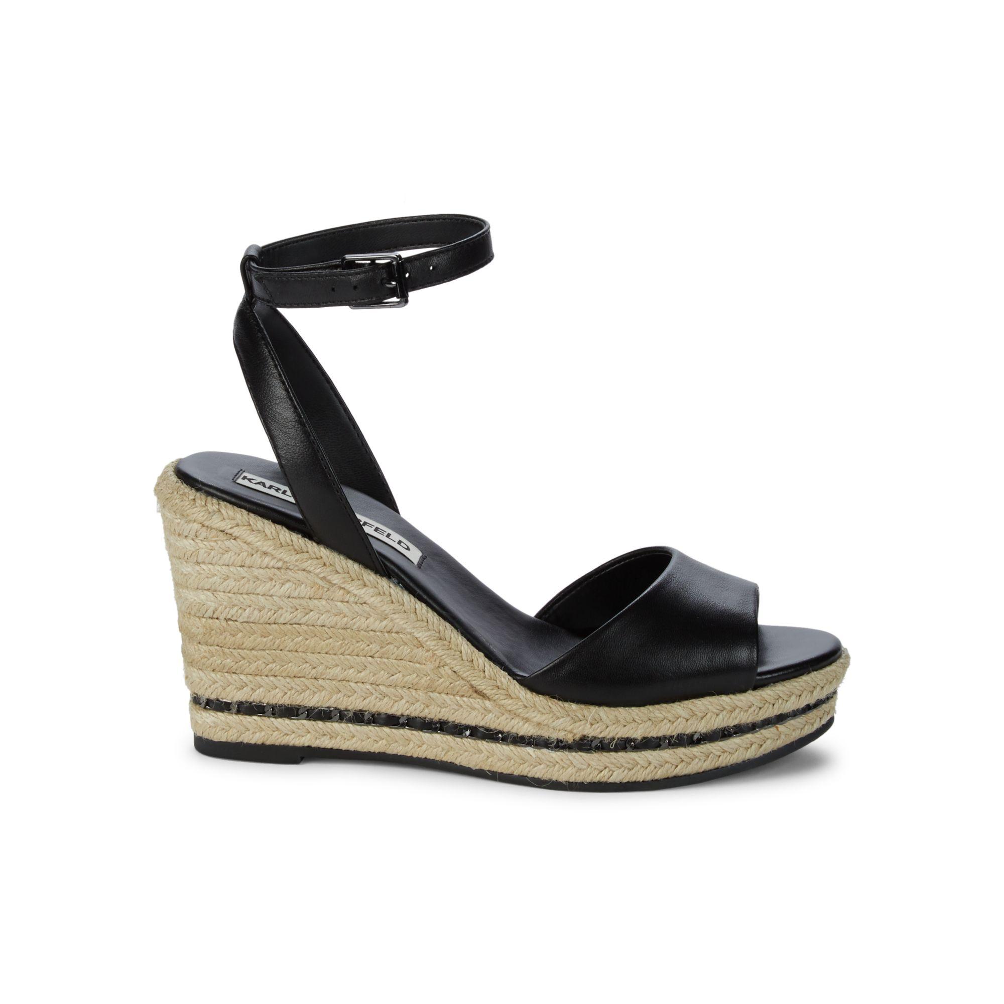 Karl Lagerfeld Carin Leather Espadrille Wedge Sandals in Black - Lyst