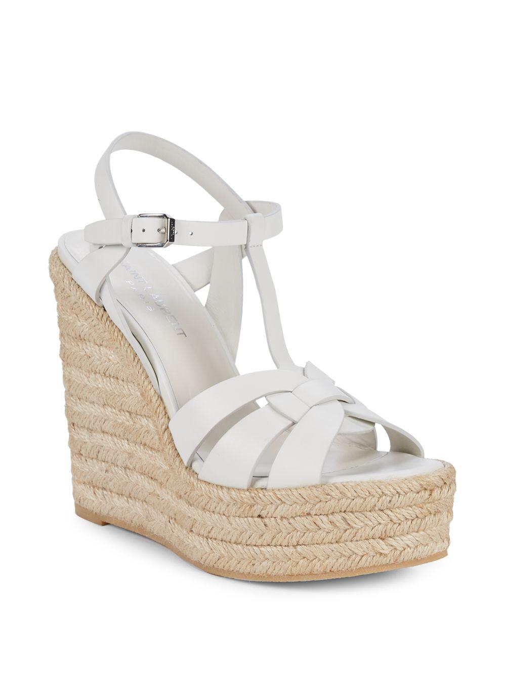Saint Laurent Tribute Leather Espadrille Wedge Sandals in White 