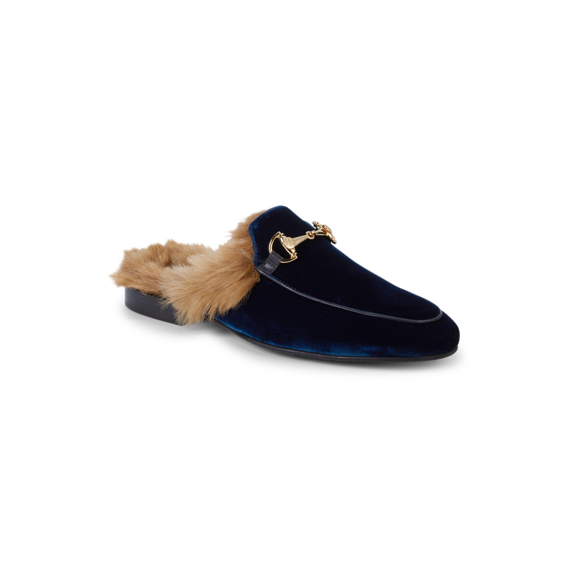 Roberto Cavalli Firenze Faux Fur-trim Mule Loafers in Blue for Men | Lyst