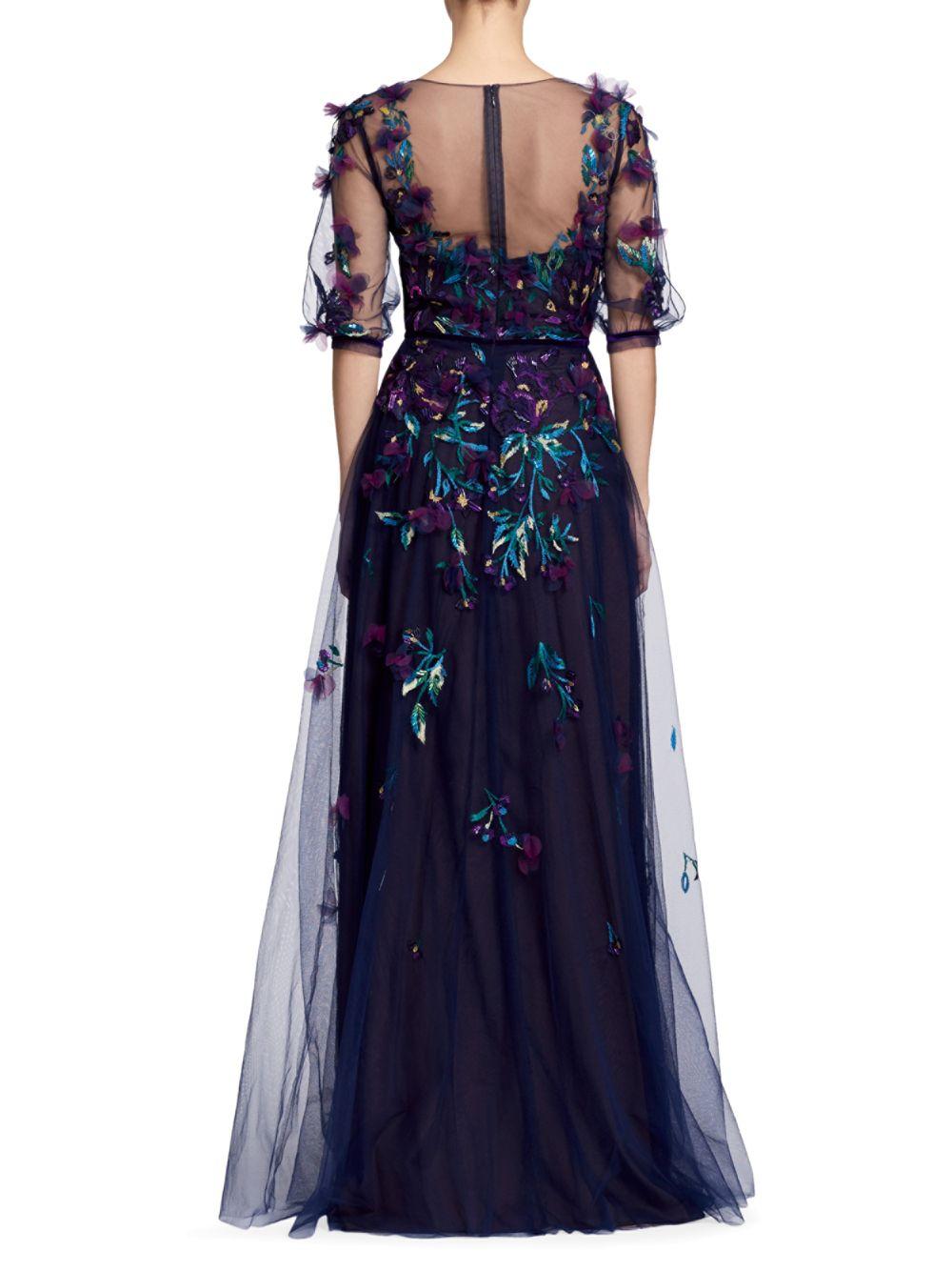 Marchesa Tulle Illusion Floral Applique Overlay Gown in Navy (Blue) Lyst