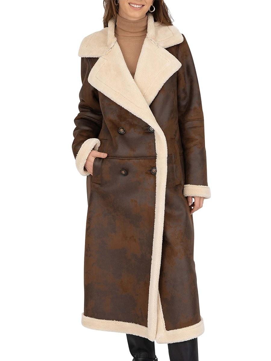 Frye Faux Shearling Double Breasted Maxi Coat in Brown