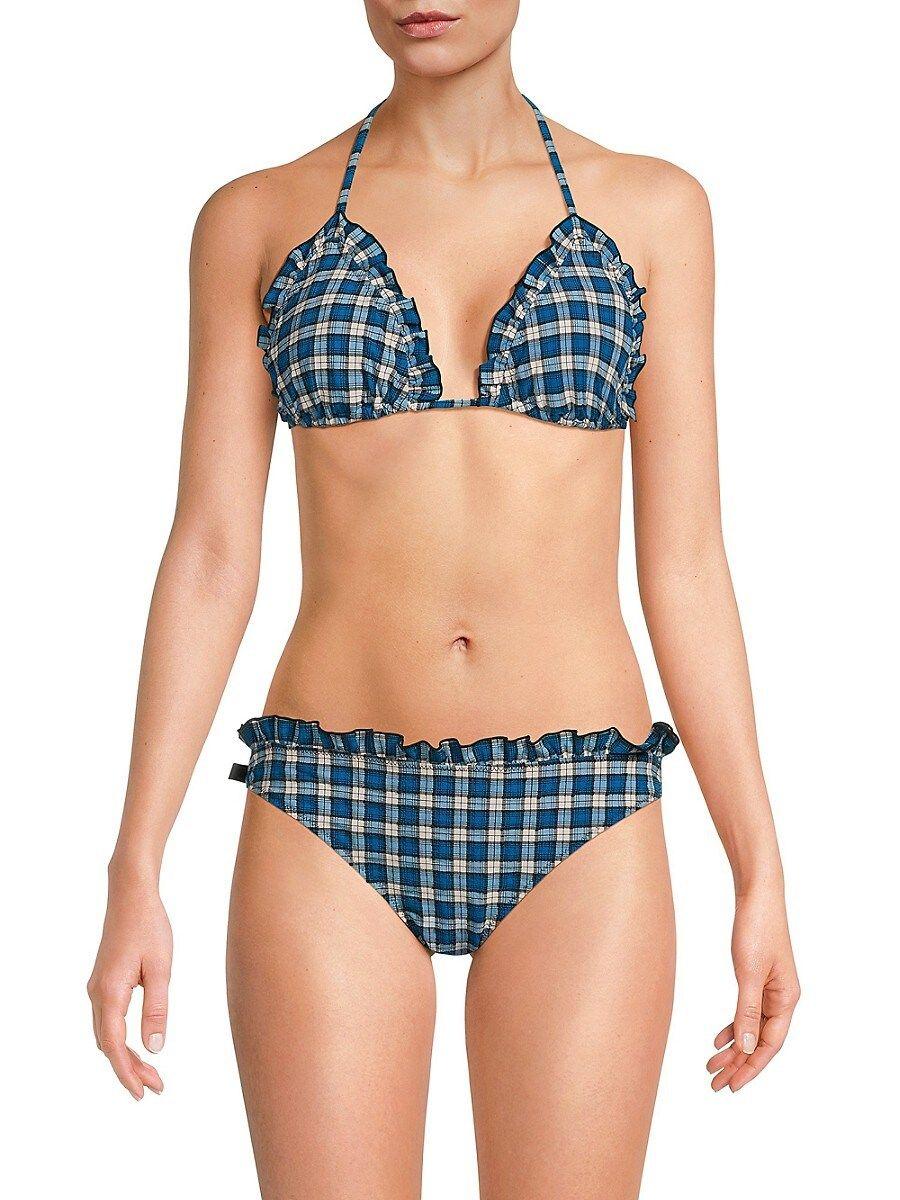 Ganni Check Ruffle Bikini Top in Blue | Lyst