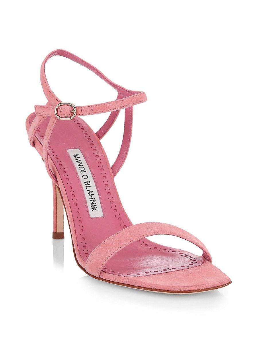 Culling Critically to understand Manolo Blahnik Elvirapla 90 Suede Ankle-strap Sandals in Pink | Lyst