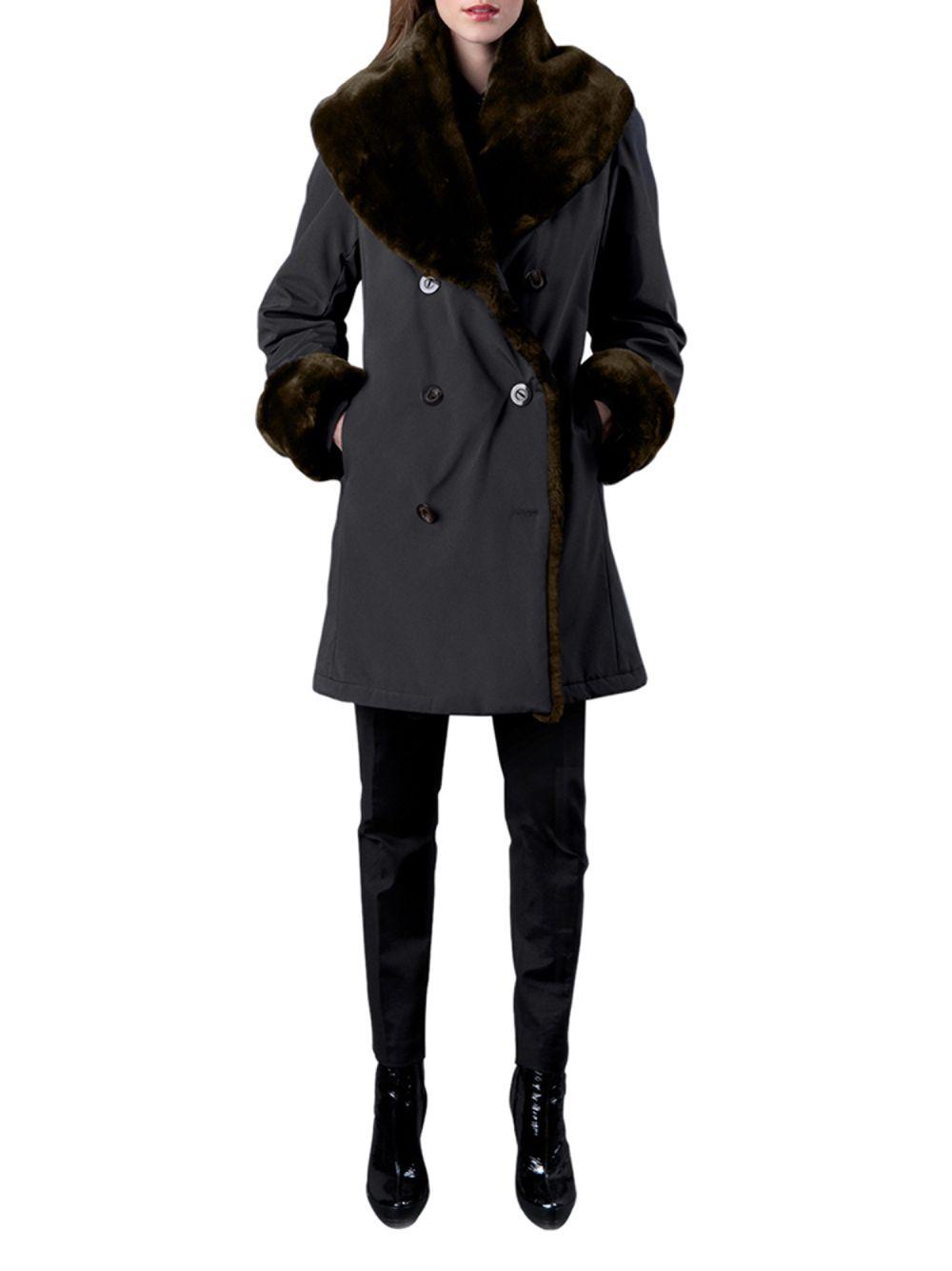 Download Jane Post Faux Fur-collar Double-breasted Coat in Black - Lyst