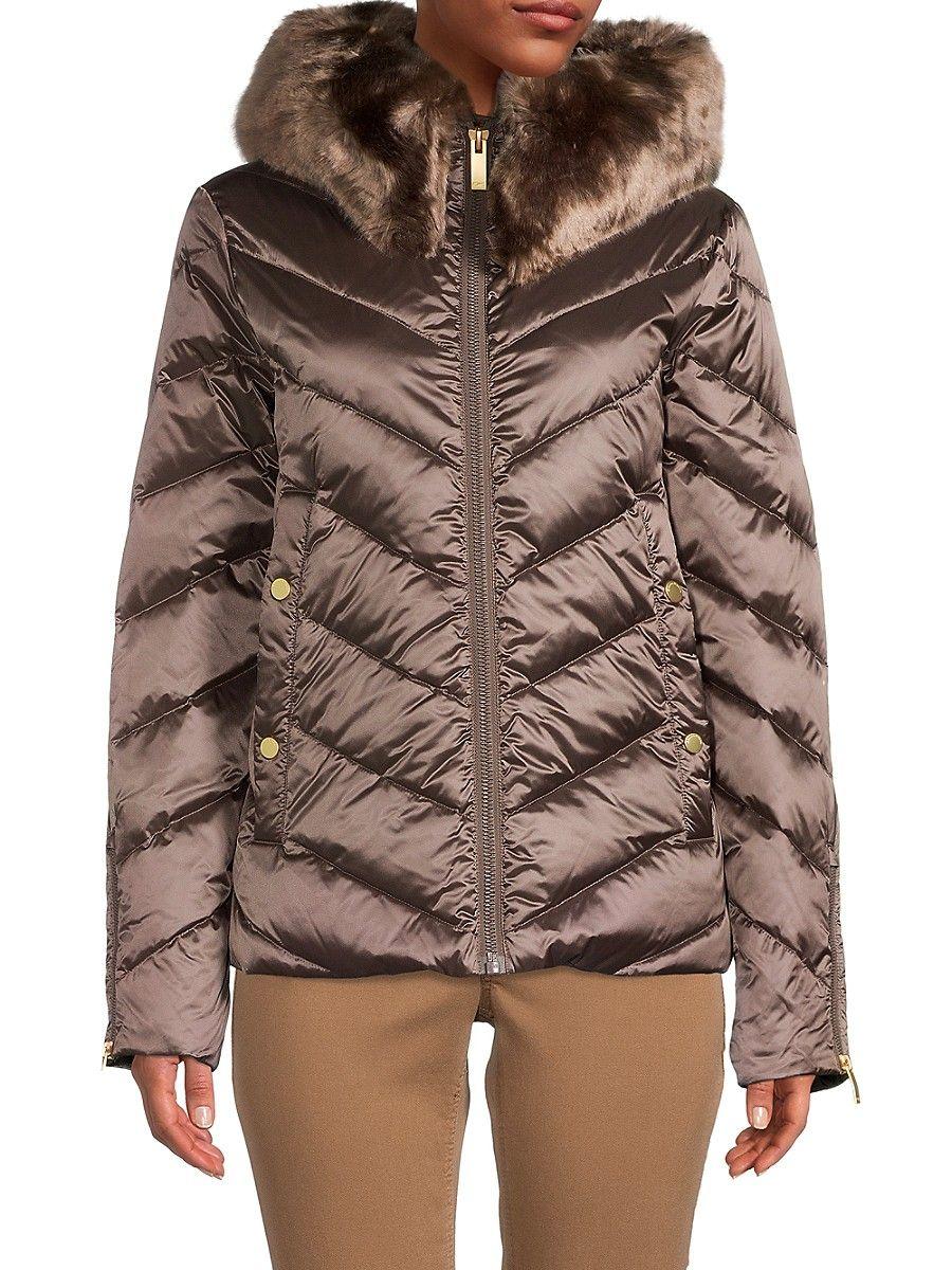 Donna Karan Faux Fur Trim Down Puffer Jacket in Brown Lyst