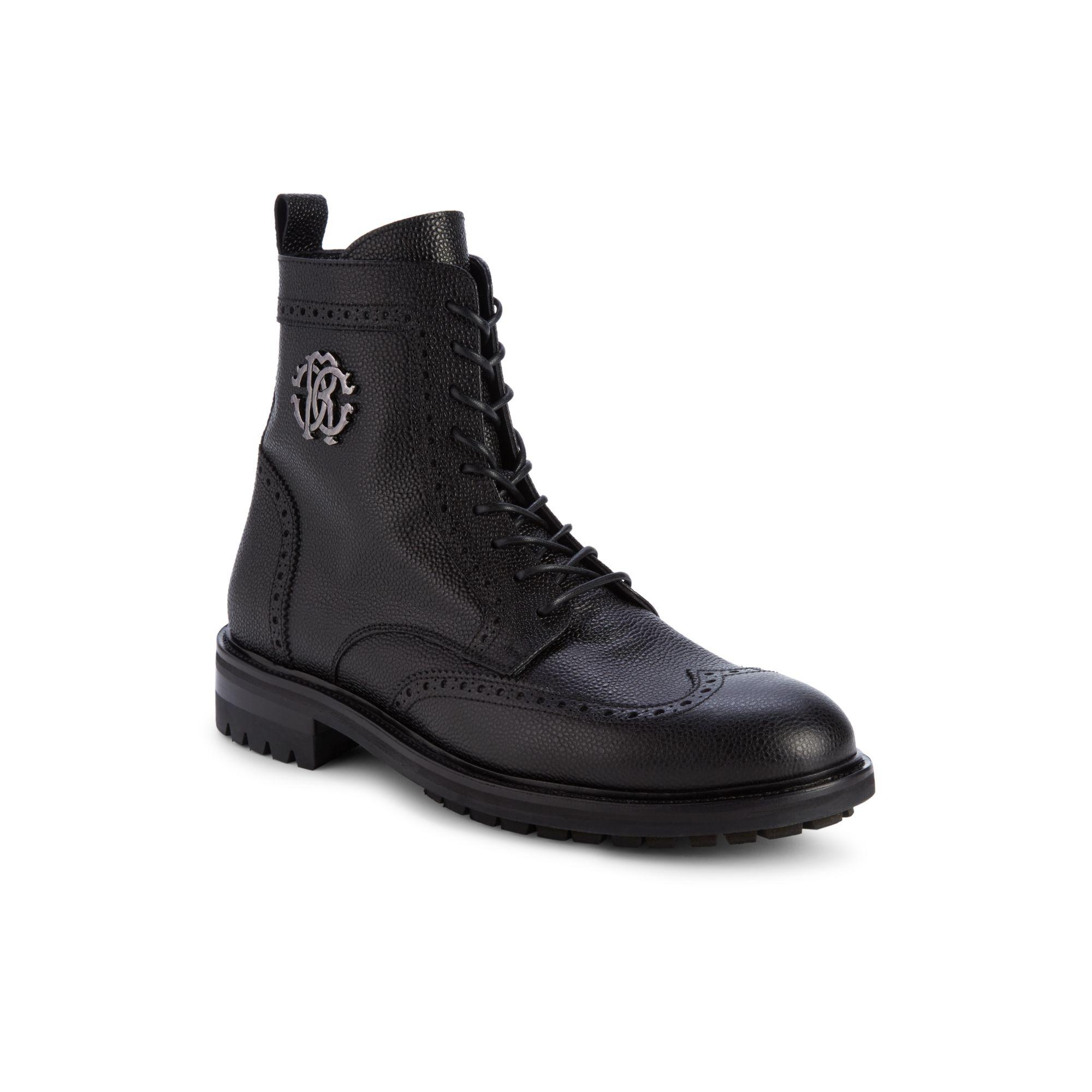 Roberto Cavalli Wingtip Pebbled-leather Combat Boots in Black for Men - Lyst