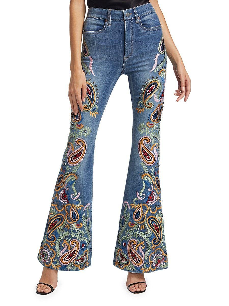 Alice + Olivia Alice + Olivia Embroidered Bell Bottom Jeans in Blue | Lyst