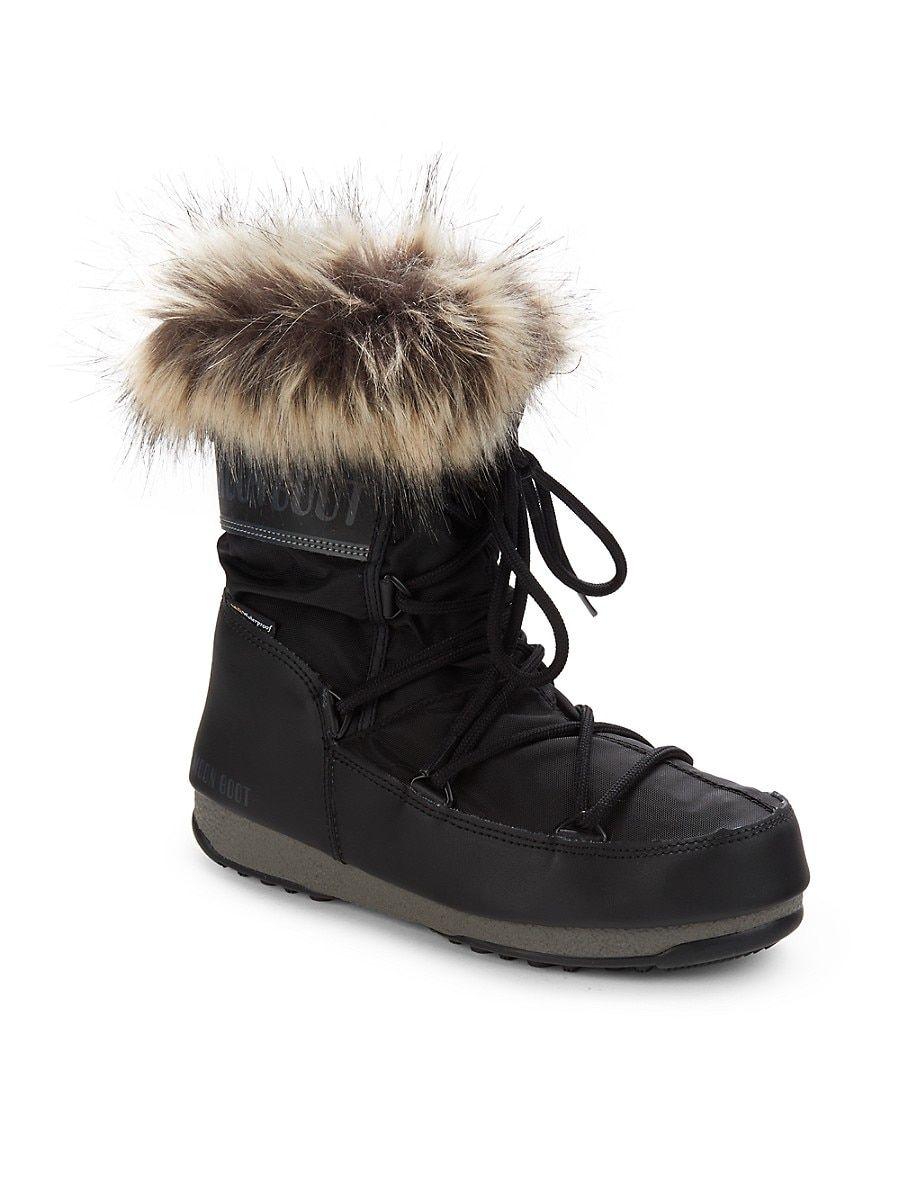 Moon Boot Monaco Faux Fur Trim Waterproof Boots in Black | Lyst