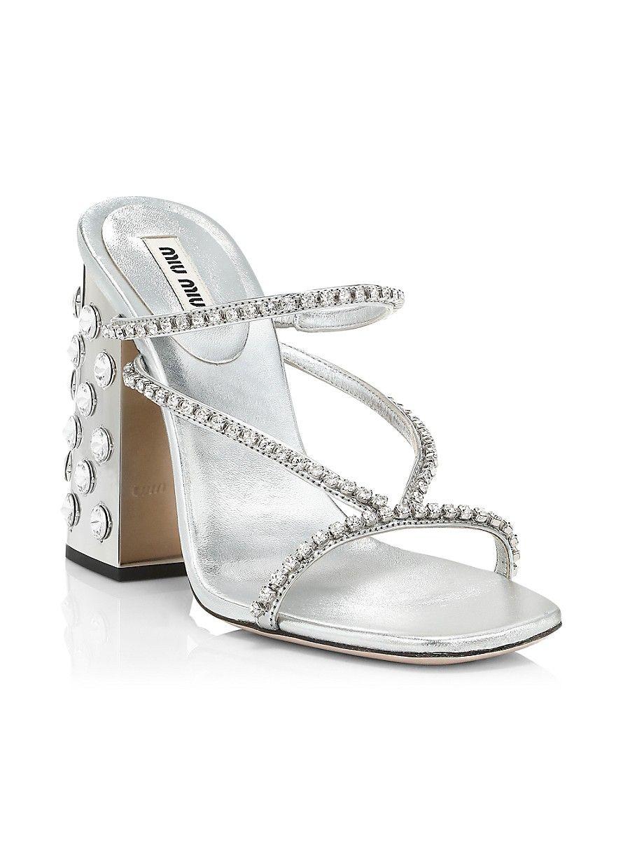 Miu Miu Silver Crystal Block-heel Sandals in White | Lyst