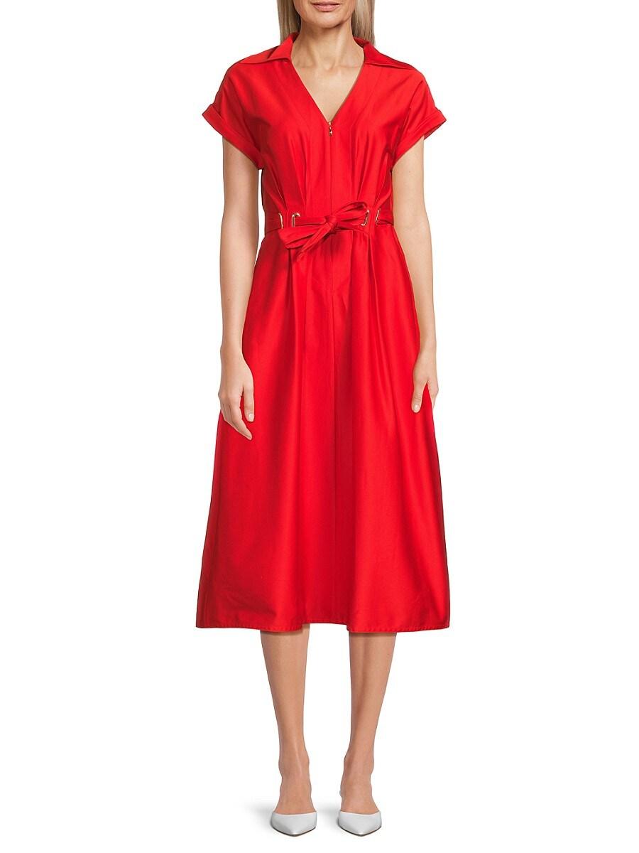 Halston Belted Cotton-Blend Cuffed-Sleeve Midi-Dress in Red Lyst UK