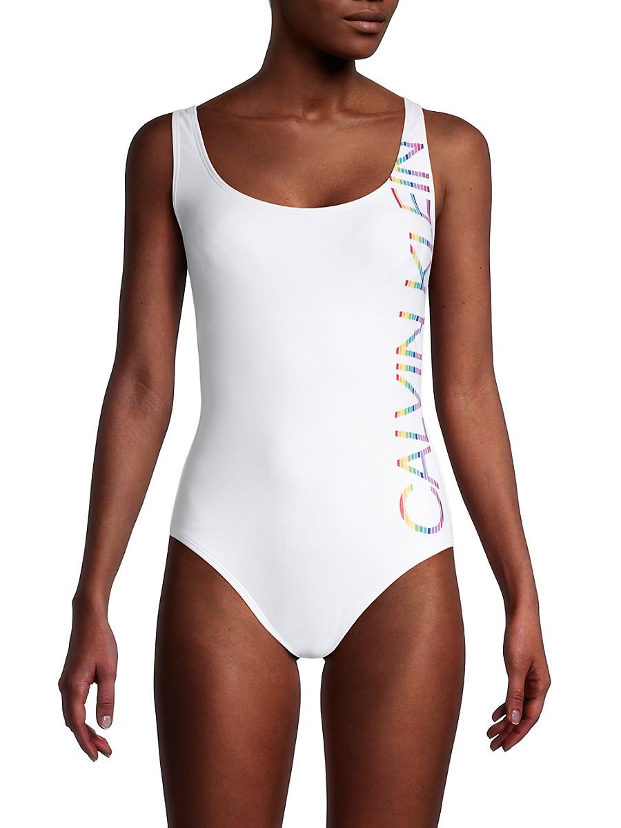 Calvin Klein Synthetic Classic Ck Logo One-piece Swimsuit in Soft White  (Black) | Lyst
