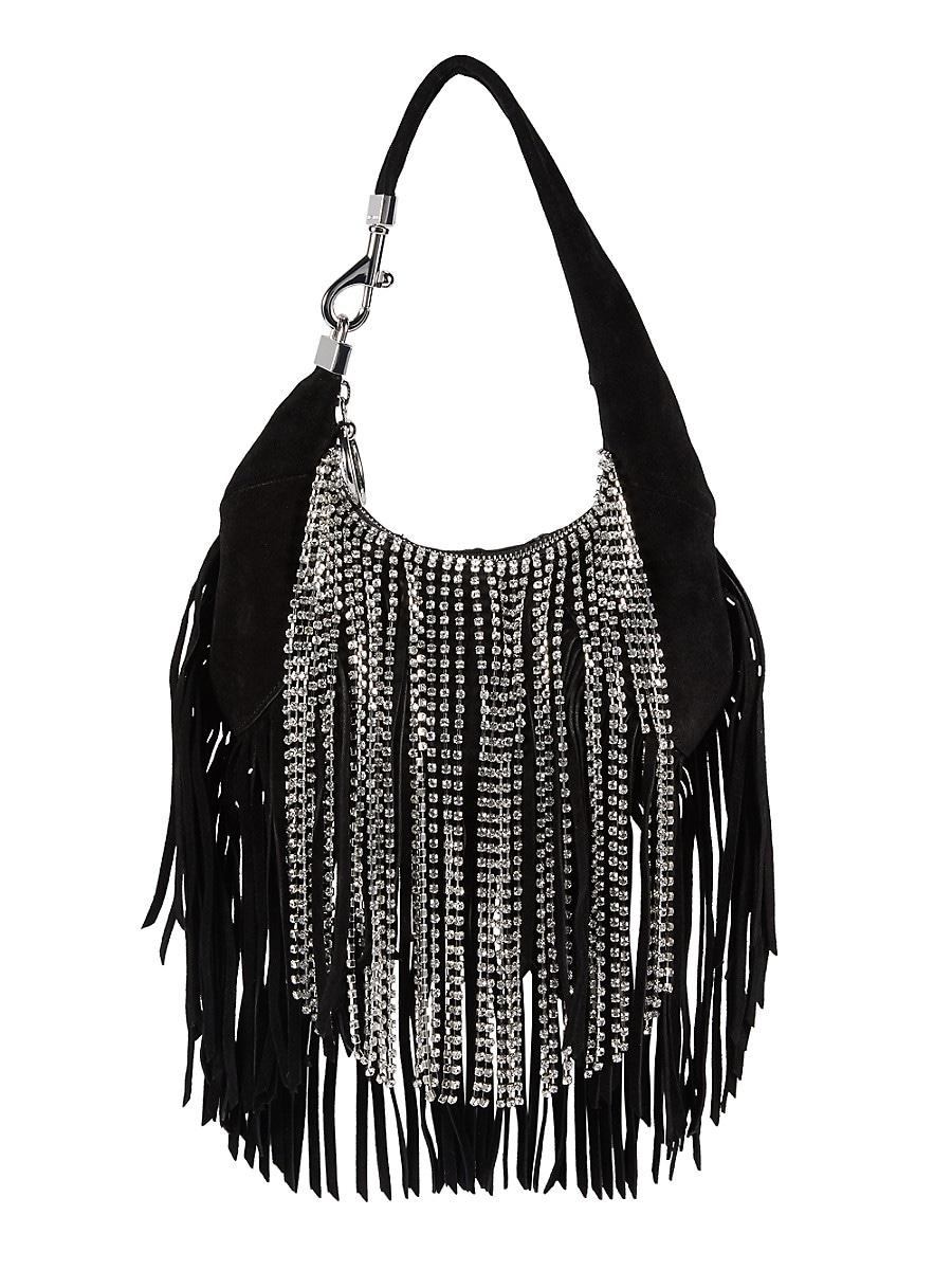 Rebecca Minkoff Embellished Fringe Suede Shoulder Bag in Black