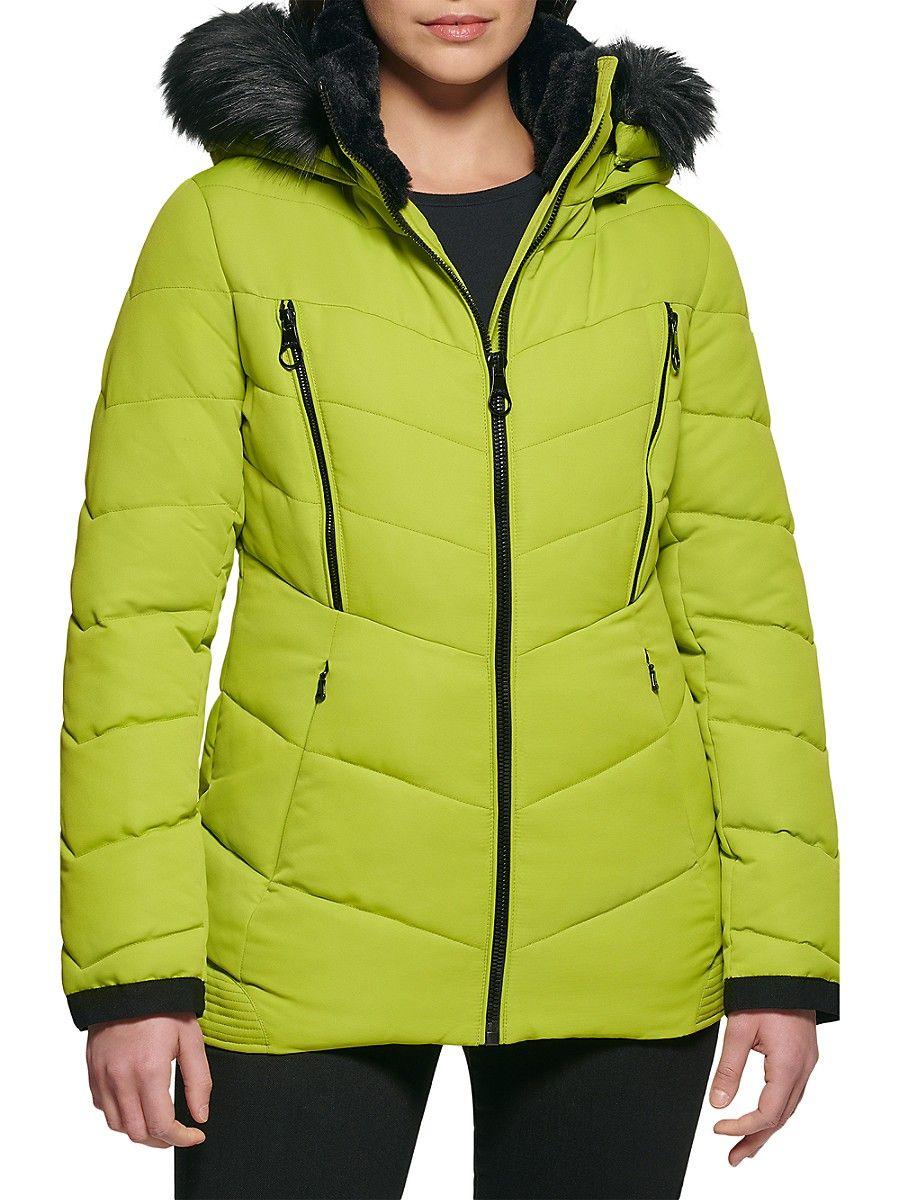 Guess Faux Fur Lined Hooded Puffer Jacket in Green | Lyst