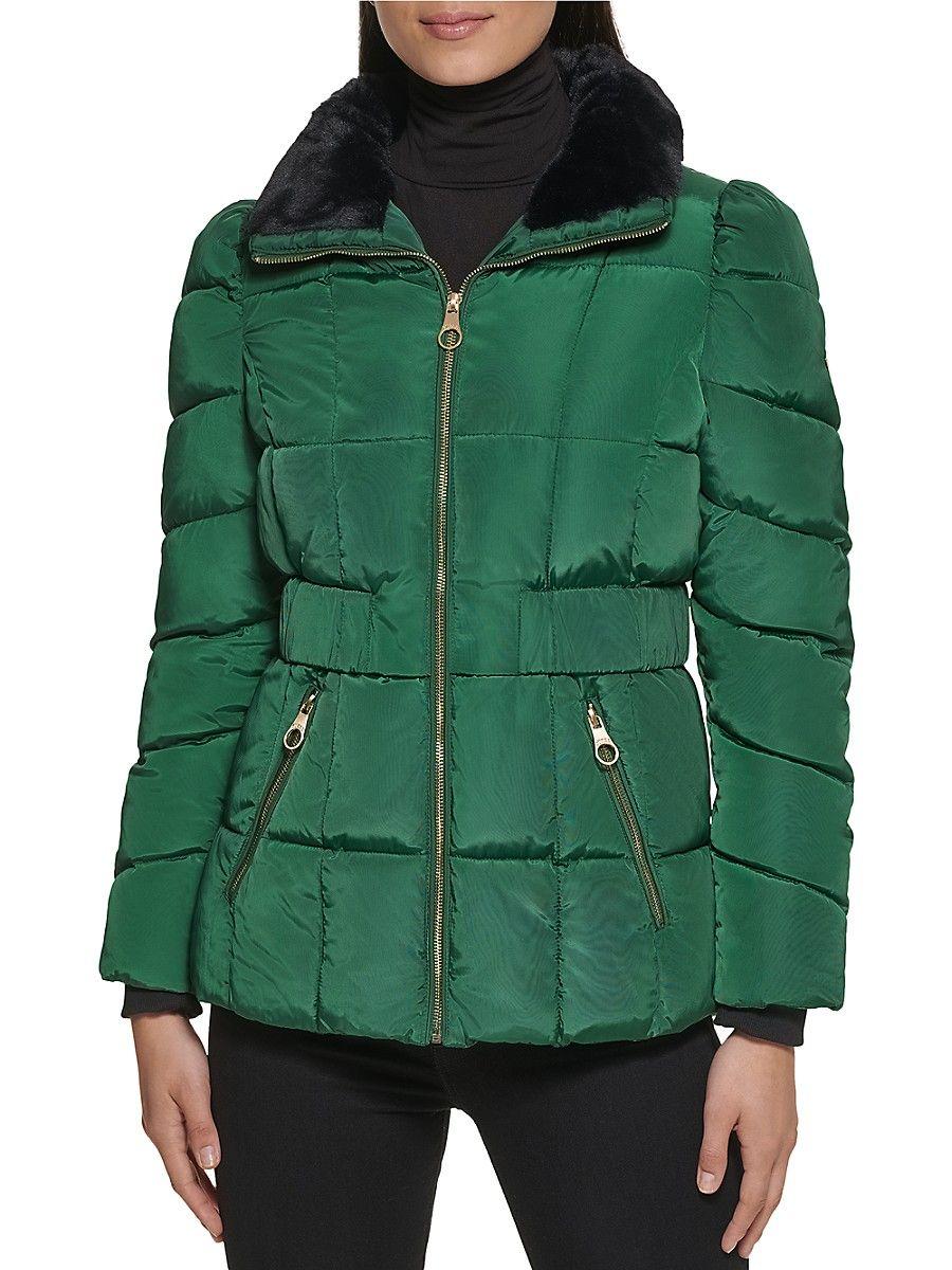 Guess Faux Fur Trim Quilted Puffer Jacket in Green | Lyst
