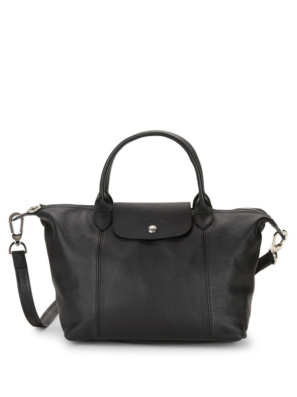 Longchamp Le Pliage Cuir Leather Top Handle Bag in Black - Lyst