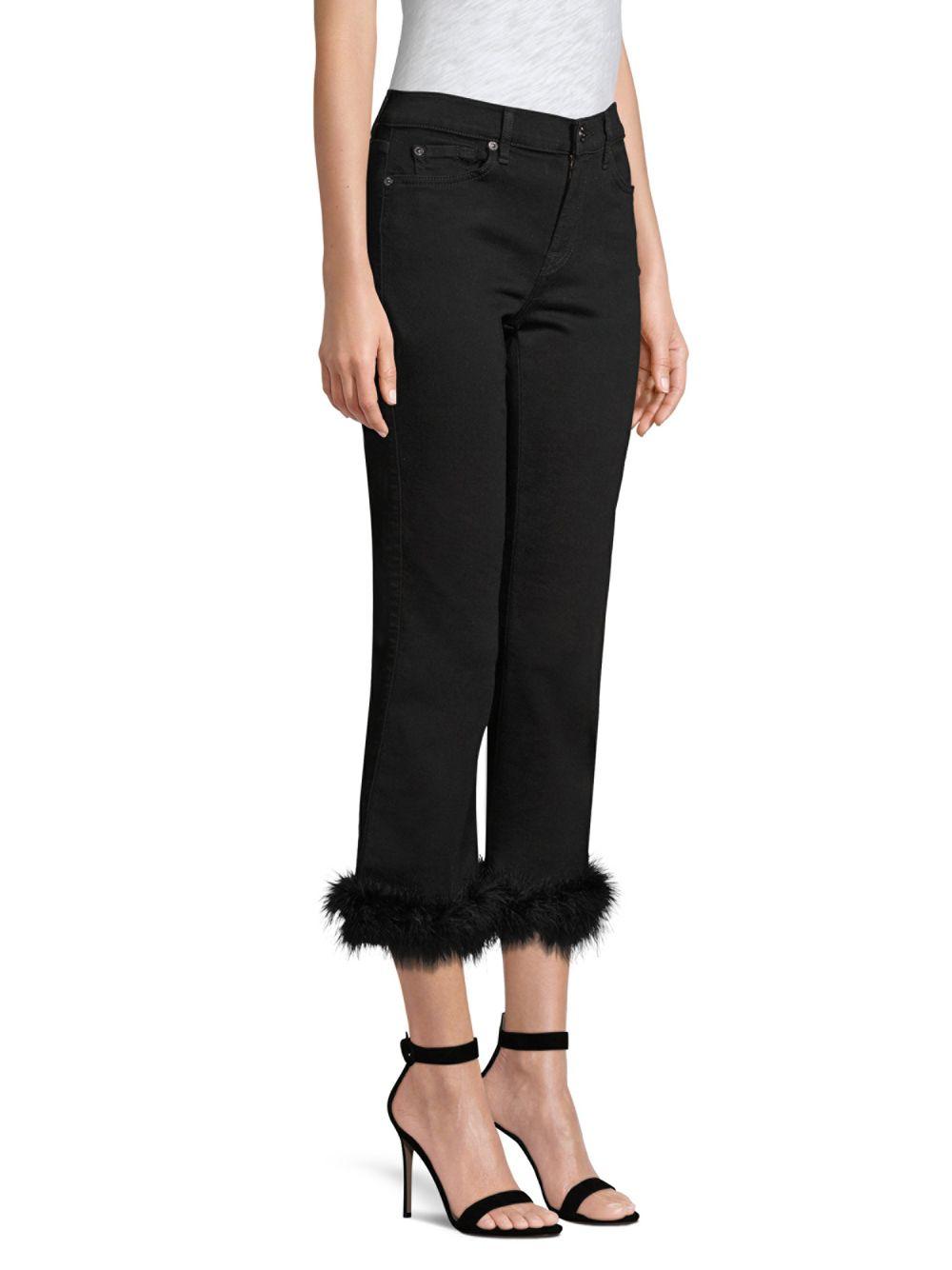 7 For All Mankind Feather Trim Cropped Jeans in Black | Lyst