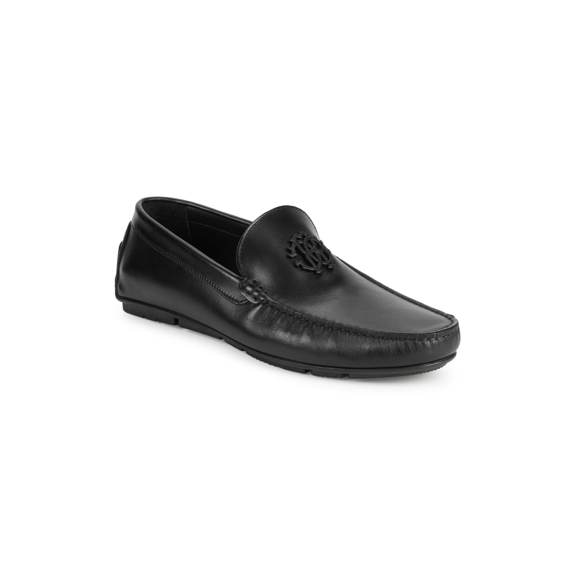 Roberto Cavalli Firenze Logo Leather Driving Loafers in Black for Men ...
