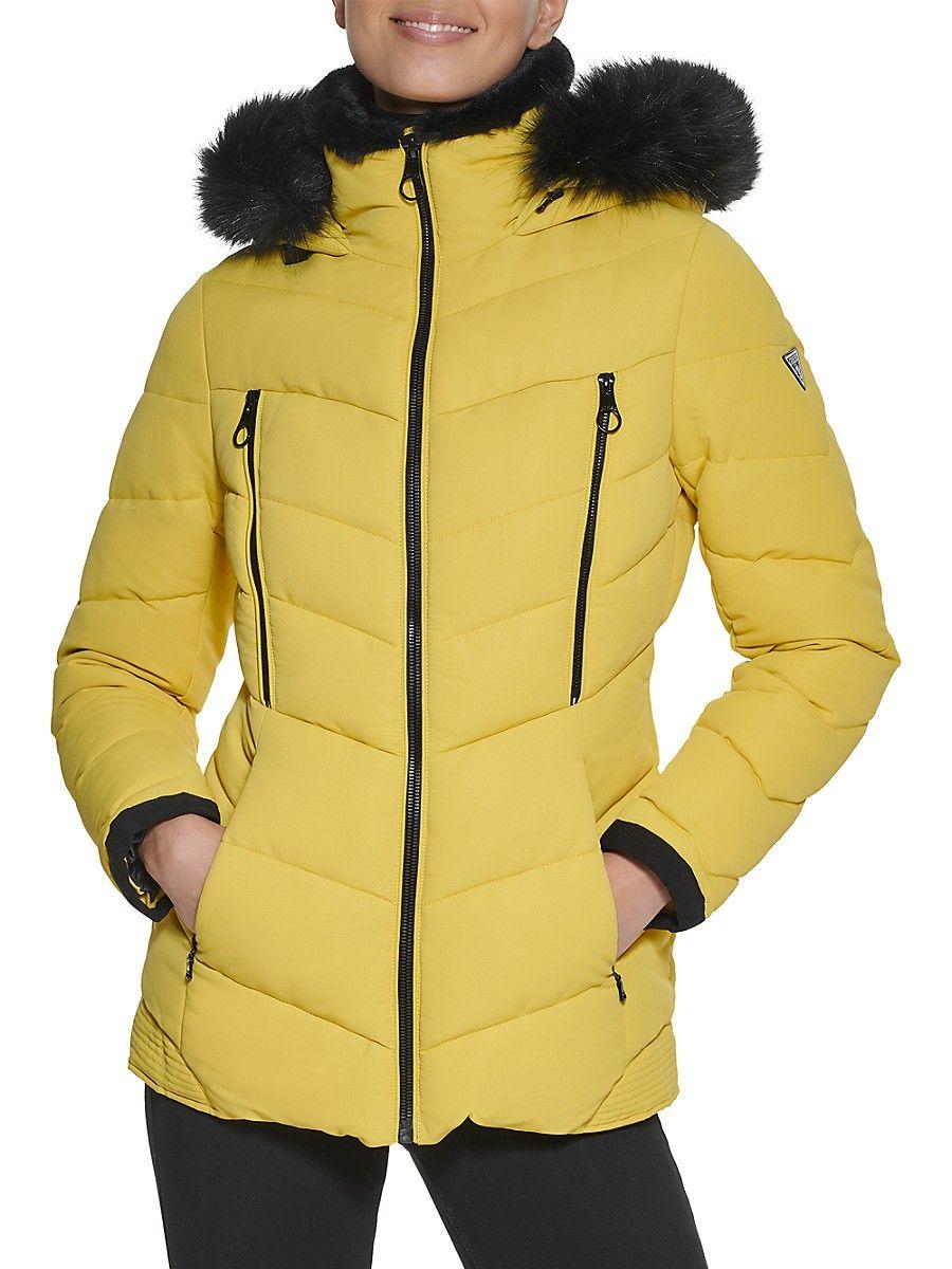 Guess Faux Fur Lined Hooded Puffer Jacket in Yellow | Lyst