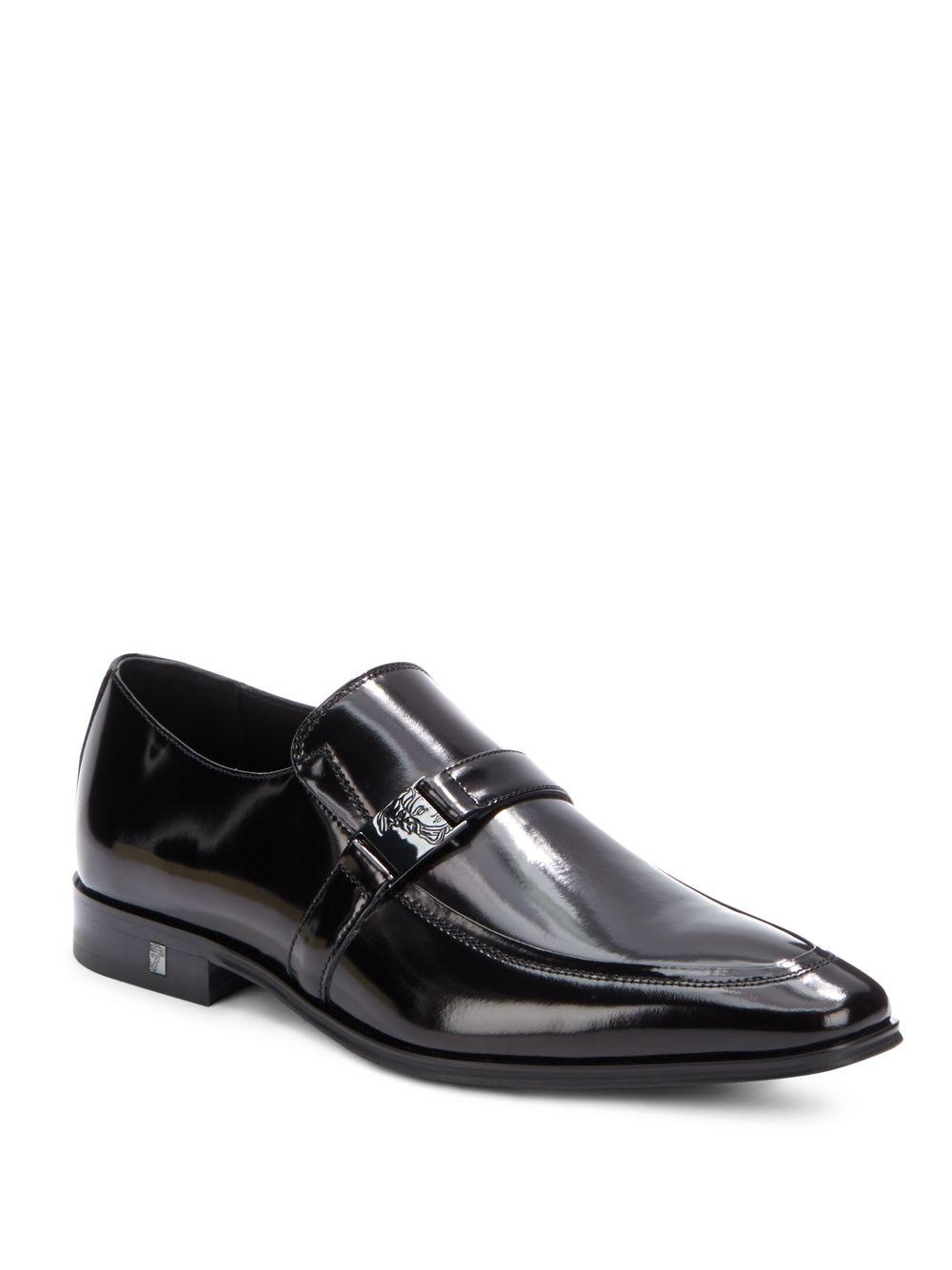 Versace Logo Buckle Leather Dress Shoes in Black for Men | Lyst