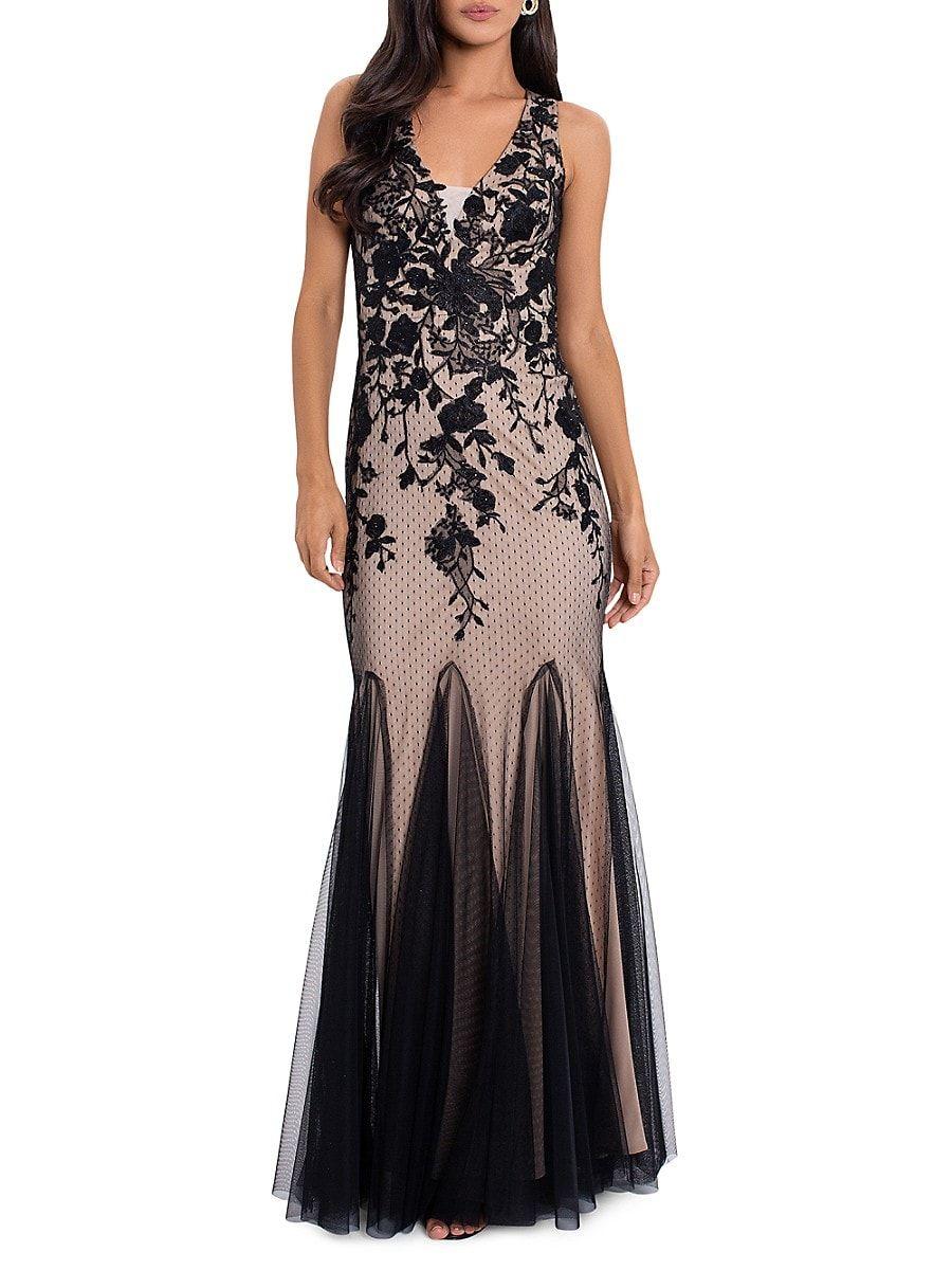 Betsy & Adam Embroidered Mermaid Gown in Black | Lyst