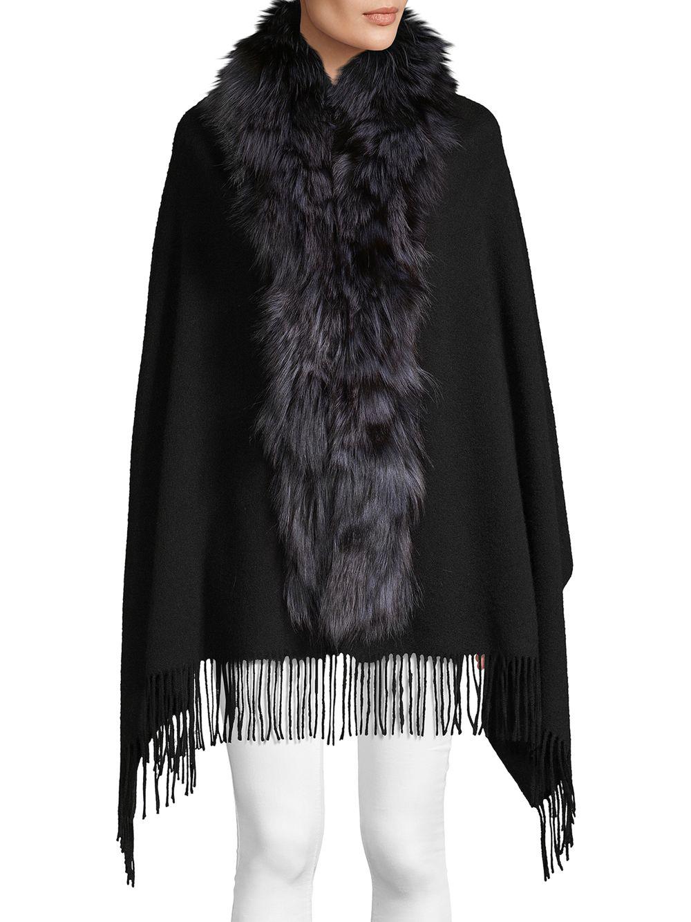 Belle Fare Dyed Fox Fur Trim Cashmere Wool Shawl in Black - Lyst