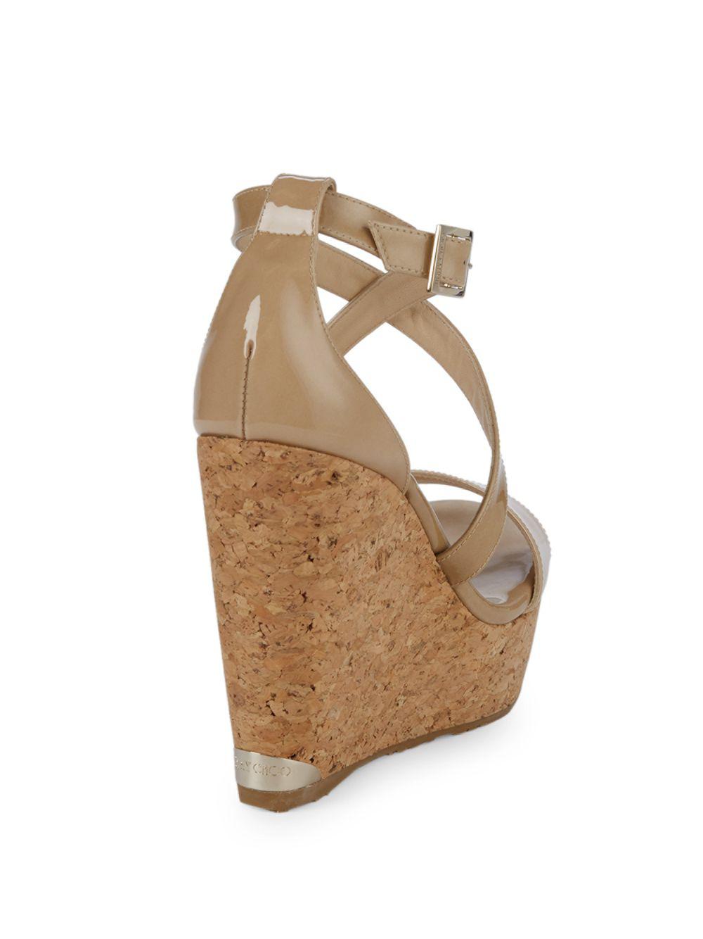 Jimmy Choo Portia Patent Leather Wedge Sandals in Natural | Lyst