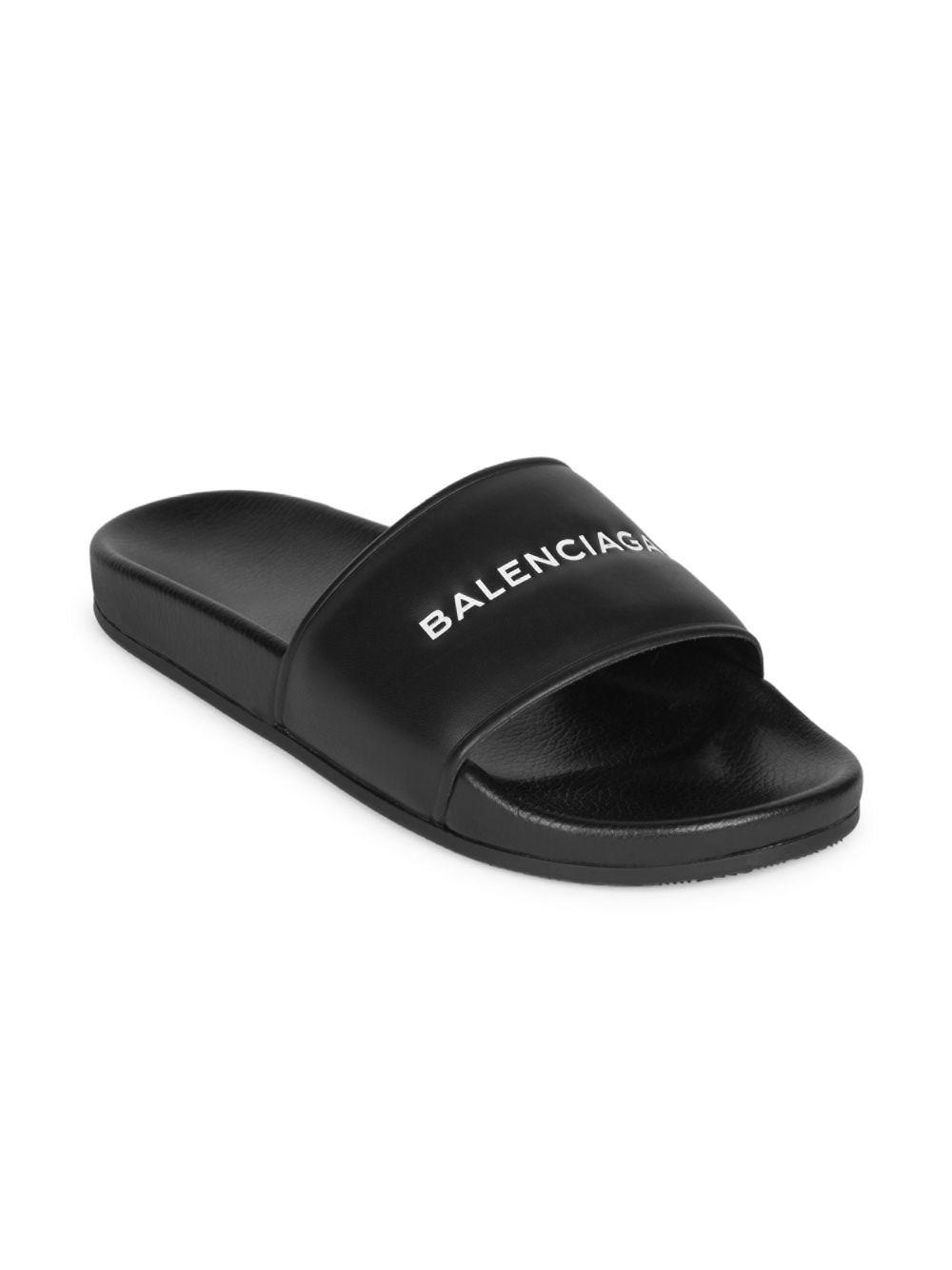 Balenciaga Leather Logo Pool Slides in Black for Men - Lyst