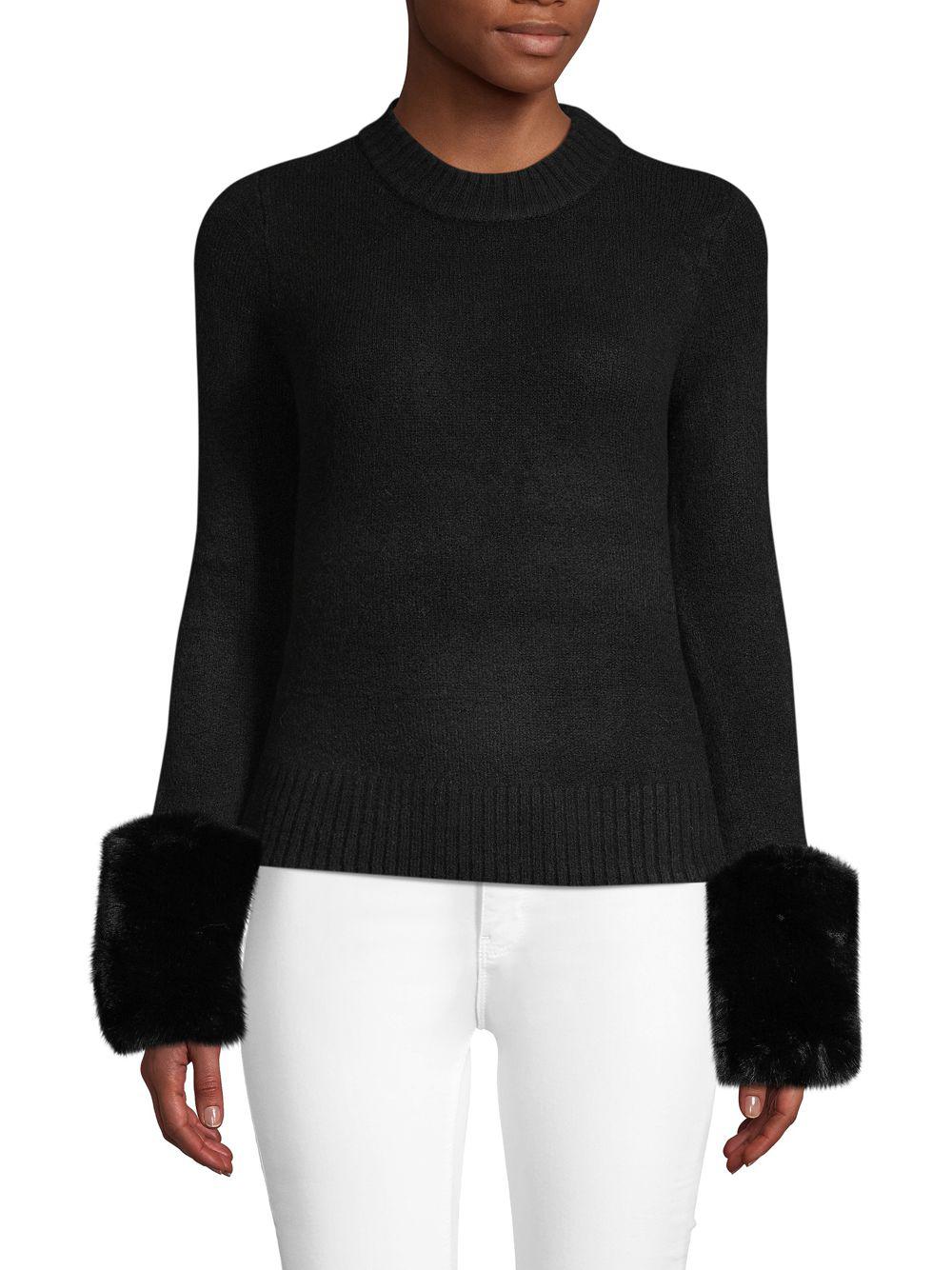 Saks Fifth Avenue Faux Fur Cuff Crew Sweater in Black