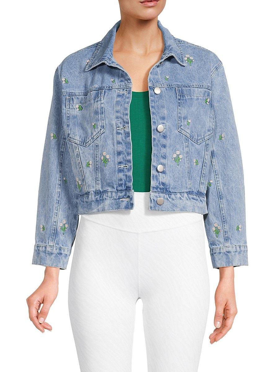 Lea & Viola Floral Embroidery Cropped Denim Jacket in Blue Lyst