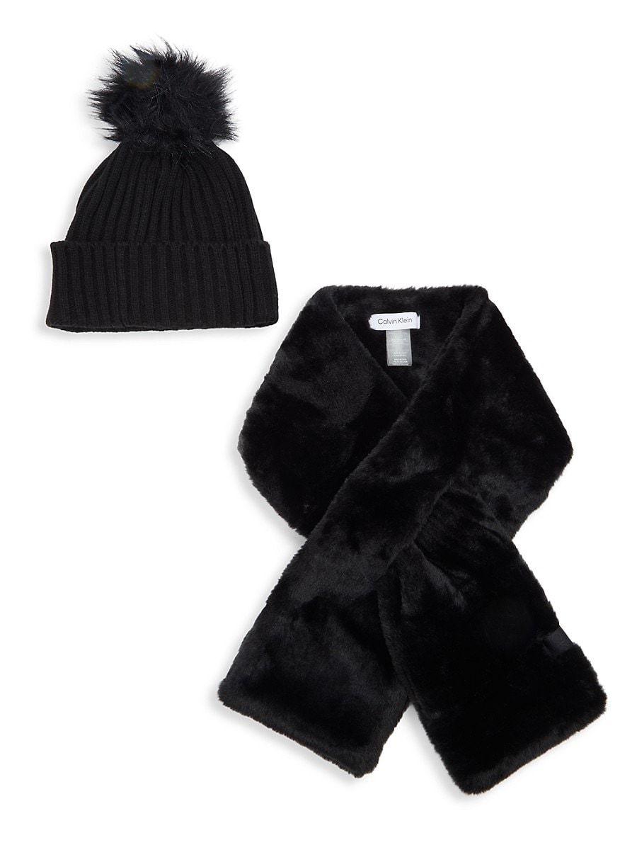 Calvin Klein 2-piece Faux Fur Beanie & Pull Through Scarf Set in Black |  Lyst